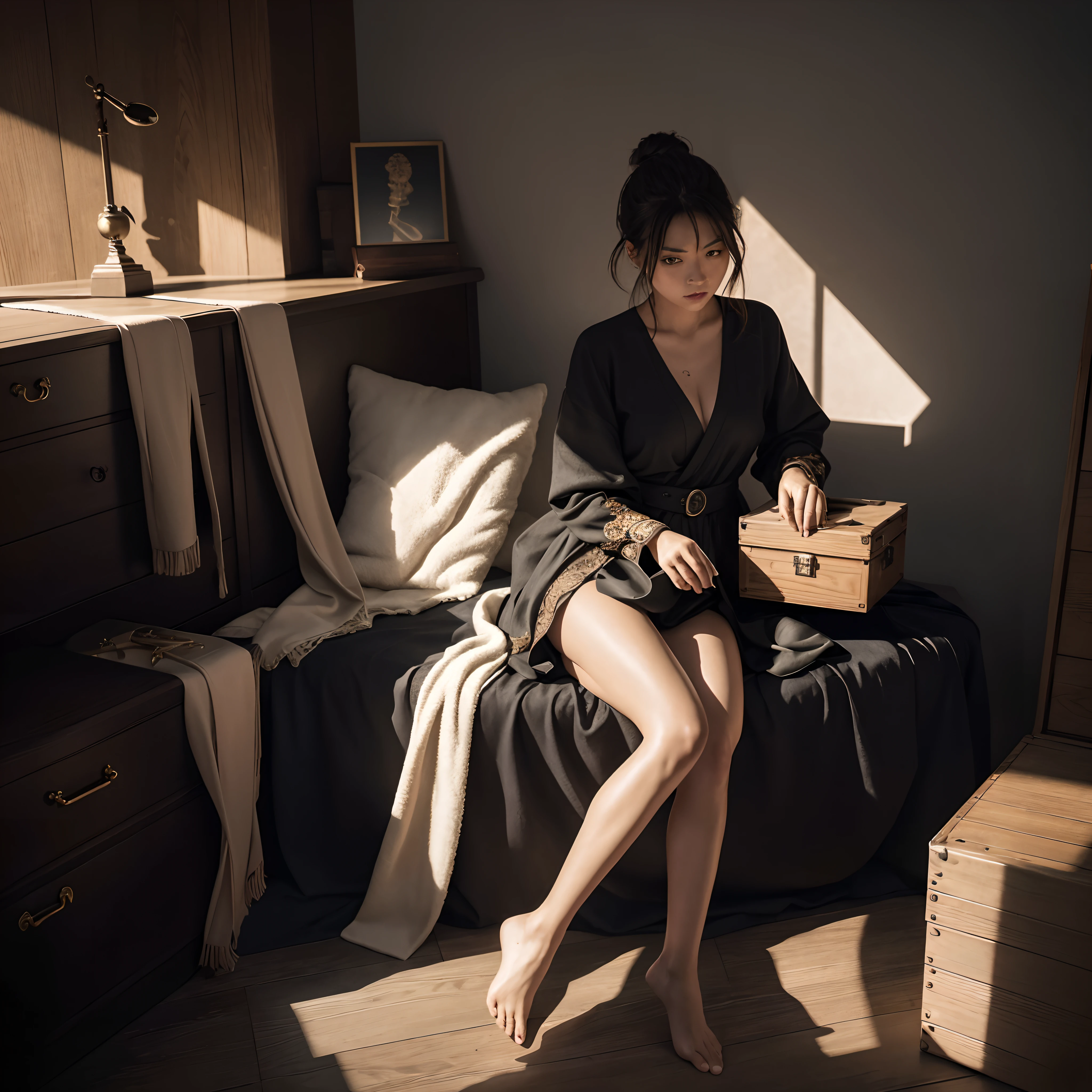 Photo, Piece of art, masutepiece, Super Detail, High quality, awardwinning, 8K, Photorealistic, boxes, Medium size, dark turbid color, Long shadows due to lighting, Mysterious, Pandora's Box, Fantastic background, Detailed fingers, hands on thighs
