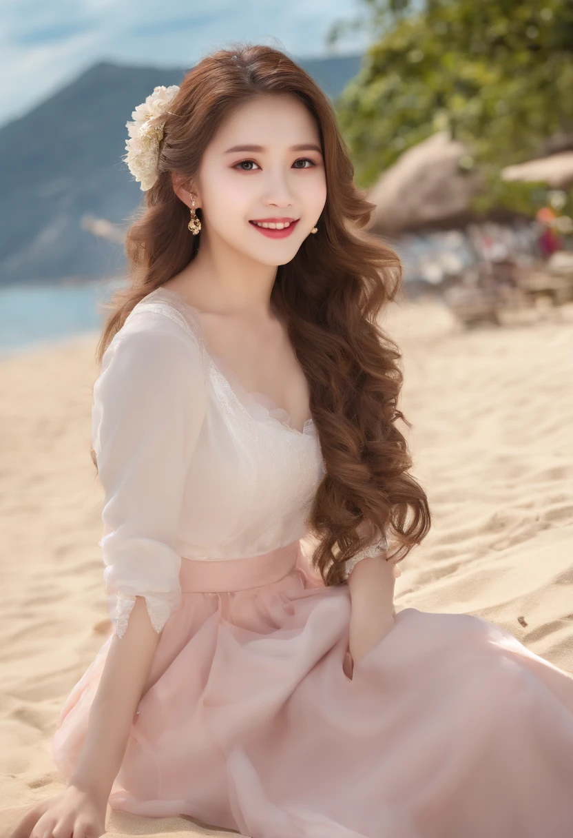 full body "(best quality,highres),(realistic),(studio lighting),(portrait),(16-year-old) cute girl,(reporter),(professional),(vivid colors),(detailed eyes, lips),(studio-type),(journalist),(microphone),(professional attire),(confident smile),(dynamic pose),(neutral background),(bright, energetic atmosphere)"16 years cute reporter (high quality,4k,8k,highres,masterpiece:1.2),beautiful detailed eyes,beautiful detailed lips,long hair,uniform, (((16 years old girls))),girl with long hair in casual dress sitting on a sea shore with white sand, gesture,Mare hair,professional,vibrant colors,soft lighting,subtle shadows,messy bun, Mare hair light breeze,stunning graceful posture,confident expressions,expressive eyes,curvy eyelashes,subtle blushing,sparkling highlights,sharp details,soft skin,precise shading,luminous atmosphere,dynamic composition,sublime artwork, small round eyes, Chinese teen, glossy pink lips, alluring cute smile, k pop looks, full body complete anatomy