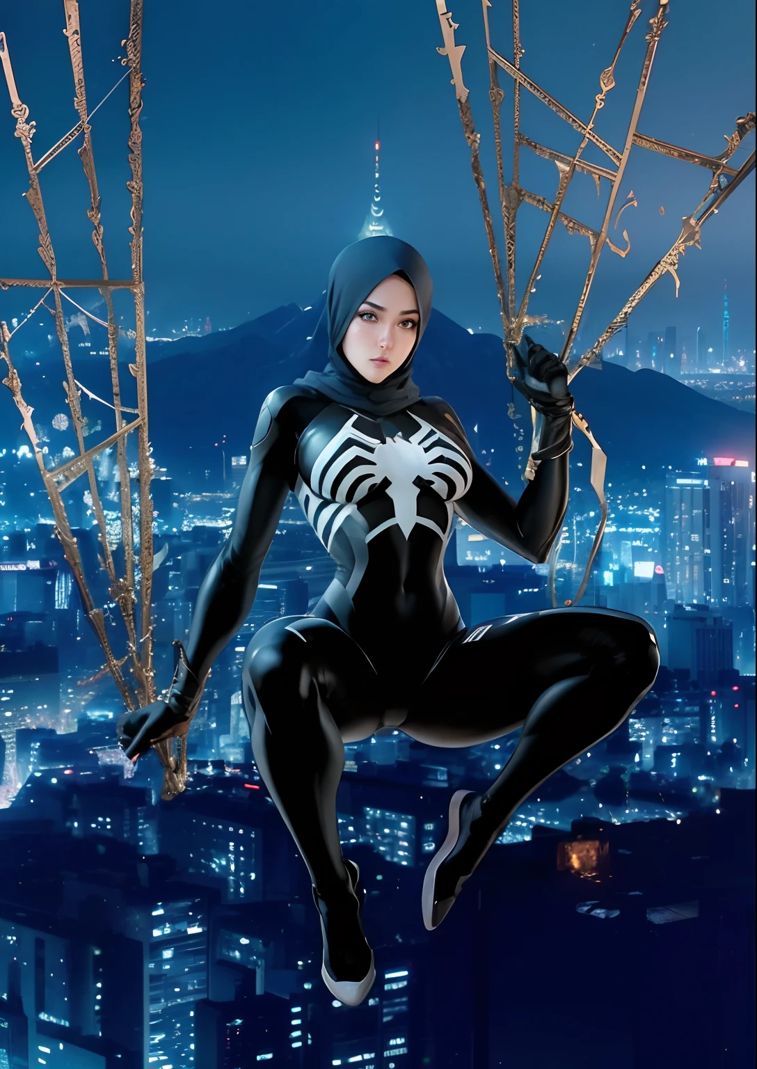 (1girl:1.3), Solo, (((Very detailed face)))), ((Very detailed eyes and face)))), Beautiful detail eyes, Body parts__, Official art, Unified 8k wallpaper, Super detailed, beautiful and beautiful, beautiful, masterpiece, best quality, original, masterpiece, super fine photo, best quality, super high resolution, realistic realism, sunlight, full body portrait, amazing beauty, dynamic pose, delicate face, vibrant eyes, (from the front), She wears Venom Black Spider-Man suit, black color scheme, spider, very detailed city roof background, rooftop, overlooking the city, detailed face, detailed complex busy background, messy, gorgeous, milky white, highly detailed skin, realistic skin details, visible pores, clear focus, volumetric fog, 8k uhd, DSLR, high quality, film grain, fair skin, photo realism, lomography, futuristic dystopian megalopolis, translucent, hijab black