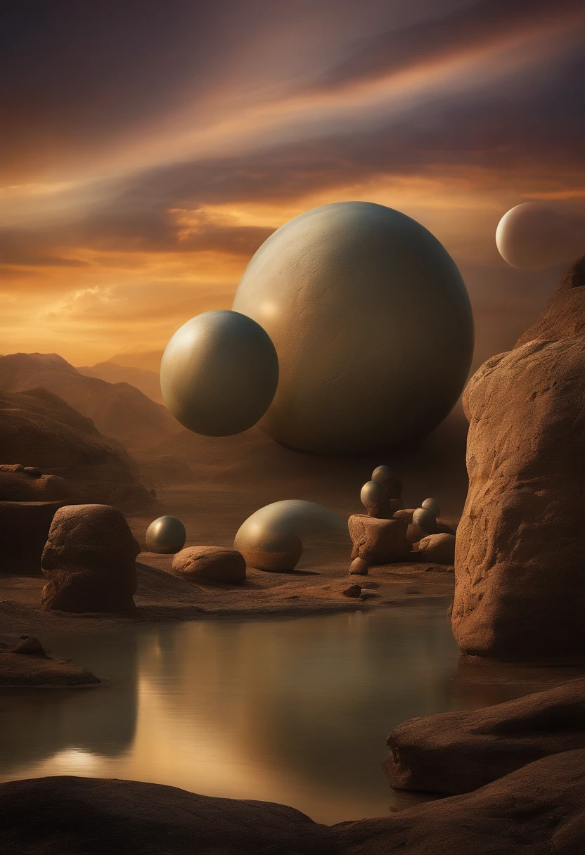 Generate a captivating image of extraterrestrial beings, standing amidst an array of mysterious stone spheres. These aliens should be depicted in a way that conveys their otherworldly nature, and the stone spheres should encircle them, hinting at their significance or purpose. The scene should be bathed in an eerie, atmospheric light to enhance the sense of wonder and curiosity.