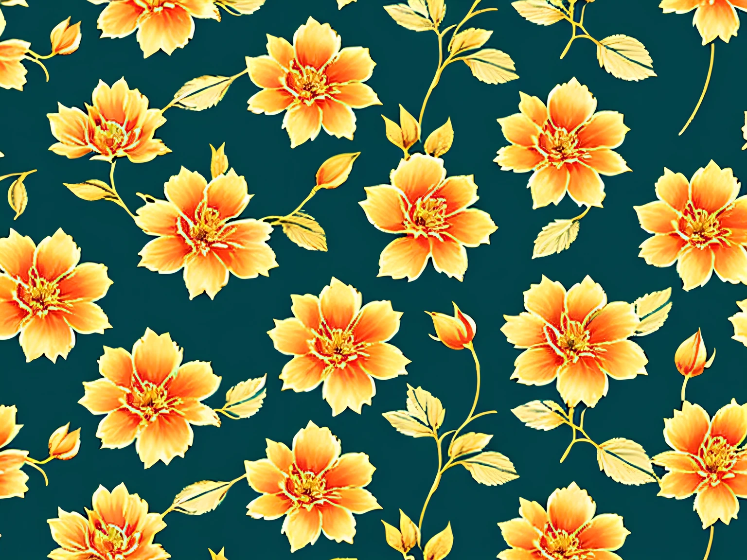 Elegant Vintage Flower Pattern, (use colours Deep Blue, Ocean Teal, Muted Gold, Soft Orange, Burnt Sienna), oil painted, roses, Scrapbook paper, uplighted, pale background, high contrast, bright beautiful colors, diagonal alignment, seamless pattern