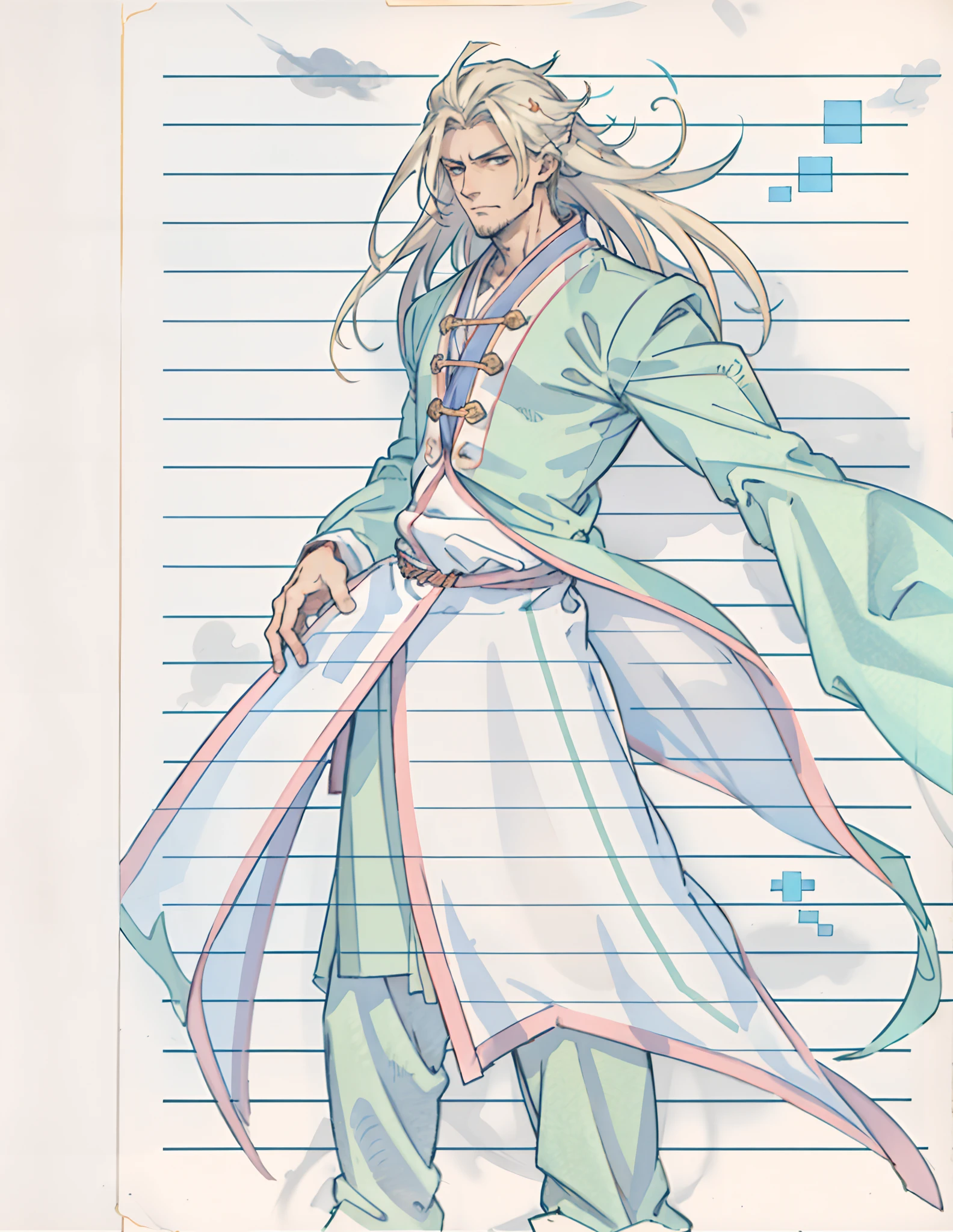 A man with disheveled long hair, a cascade of unruly locks, a handsome countenance, a carefree expression, tall and slender, wears a light-colored Chinese-style undershirt, over which he layers a loose dark-colored long daoist robe, long and wide sleeves, wears dark pants, surrounded by colorful clouds and mist, stands amidst a colorful sea of clouds and mist, this character embodies a finely crafted fantasy-style Chinese martial artist character in anime style, characterized by an exquisite and mature manga illustration art style, high definition, best quality, highres, ultra-detailed, ultra-fine painting, extremely delicate, professional, anatomically correct, symmetrical face, extremely detailed eyes and face, high quality eyes, creativity, RAW photo, UHD, 8k, Natural light, cinematic lighting, masterpiece:1.5
