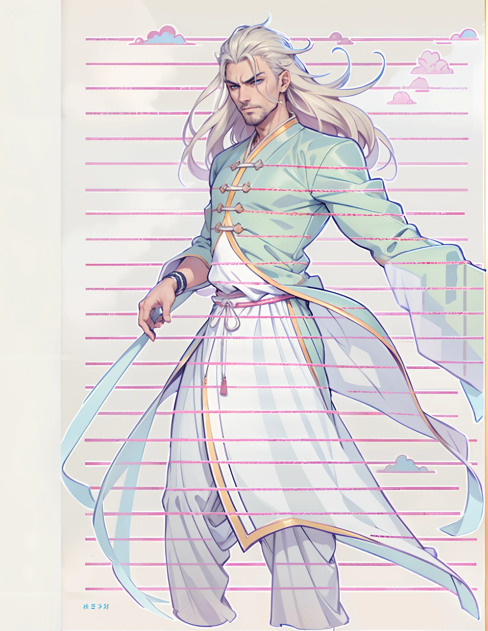 A man with disheveled long hair, a cascade of unruly locks, a handsome countenance, a carefree expression, tall and slender, wears a light-colored Chinese-style undershirt, over which he layers a loose dark-colored long daoist robe, long and wide sleeves, wears dark pants, surrounded by colorful clouds and mist, stands amidst a colorful sea of clouds and mist, this character embodies a finely crafted fantasy-style Chinese martial artist character in anime style, characterized by an exquisite and mature manga illustration art style, high definition, best quality, highres, ultra-detailed, ultra-fine painting, extremely delicate, professional, anatomically correct, symmetrical face, extremely detailed eyes and face, high quality eyes, creativity, RAW photo, UHD, 8k, Natural light, cinematic lighting, masterpiece:1.5