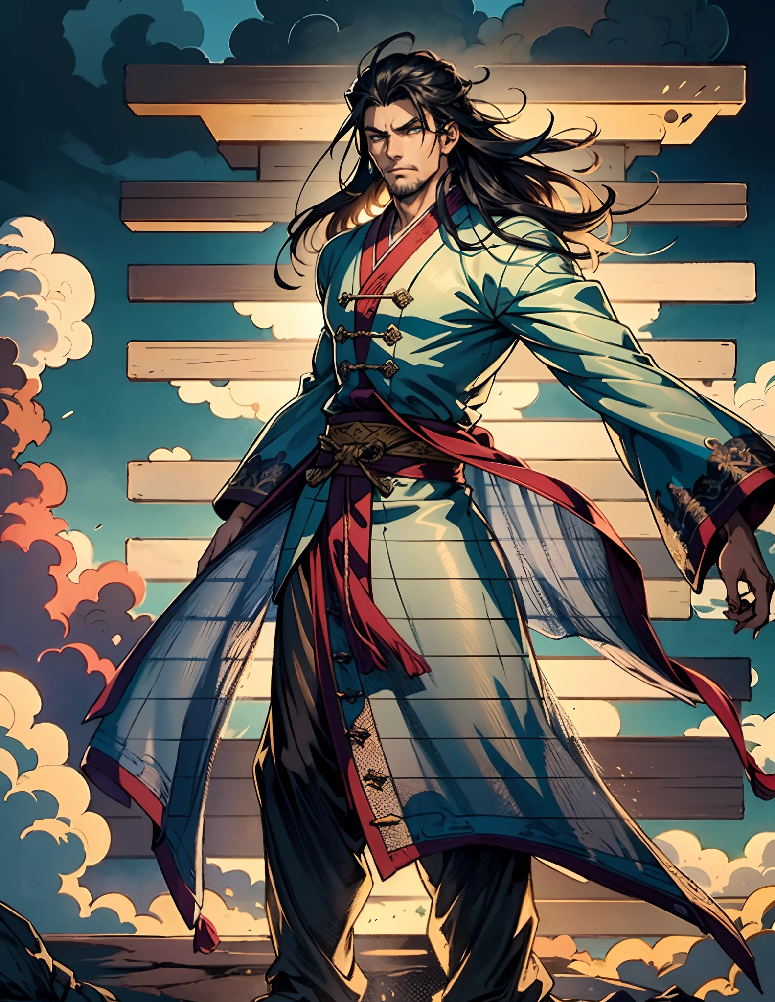 A man with disheveled long hair, a cascade of unruly locks, a handsome countenance, a carefree expression, tall and slender, wears a light-colored Chinese-style undershirt, over which he layers a loose dark-colored long daoist robe, long and wide sleeves, wears dark pants, surrounded by colorful clouds and mist, stands amidst a colorful sea of clouds and mist, this character embodies a finely crafted fantasy-style Chinese martial artist character in anime style, characterized by an exquisite and mature manga illustration art style, high definition, best quality, highres, ultra-detailed, ultra-fine painting, extremely delicate, professional, anatomically correct, symmetrical face, extremely detailed eyes and face, high quality eyes, creativity, RAW photo, UHD, 8k, Natural light, cinematic lighting, masterpiece:1.5