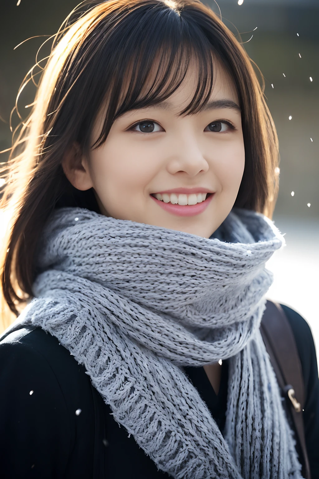 ((Show face only、Close-up of face、no-makeup))、(realisitic、Photorealsitic、ultra-detailliert、Highest Details Skins、top-quality、masterpiece、超A high resolution)、Cute Japan Woman、、hi-school girl、younggirl、1 girl in、I have bangs、二重まぶた、drooing eyes、Large black eyes、Japanese style face、ssmile、Charming、purity、Straight face、double tooth、View here、Realistic skin type、Thick muffler、Grey muffler、fluffy hair、((Hair is inside the scarf:1.3))、Red cheeks、The wind is blowing、It's snowing、illuminations、Lighting from behind