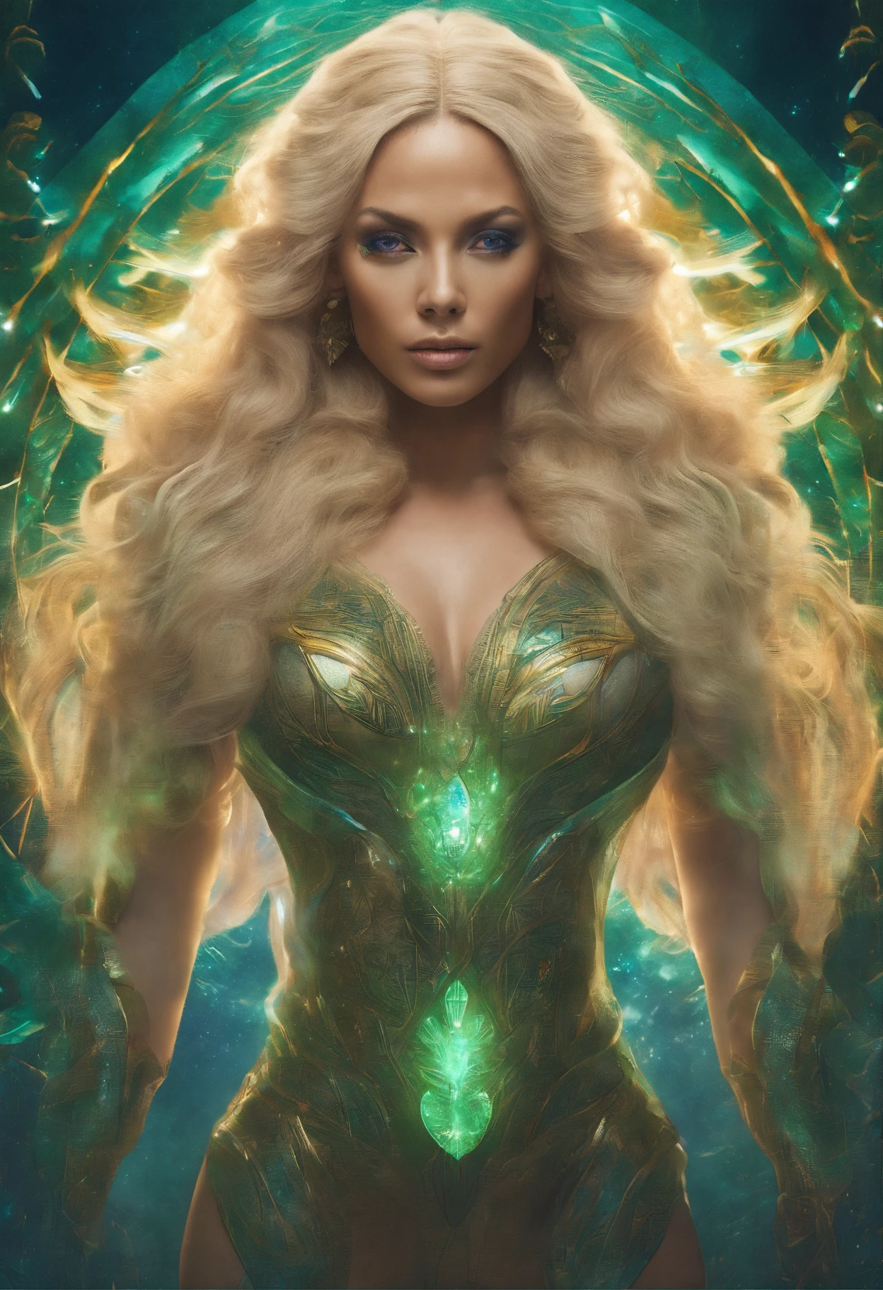 (RAW Photo, best quality), (Hyper Realistic),16k,(realistic, photo-realistic:1.5), Masterpiece,ultra high res, Stunning, Beautiful Milf Latin Brazilian Woman Goddess of Multiverse, Impossing Pose, Athletic Body, Suntan Skin, Wearing Egyptian Jewels Futuristic Cut Armor and Cloak with Intricate Isometric Fluid Galaxy Bioluminescence Effects, symmetrical, with Galaxies orbiting her body, perfect detailed face, detailed symmetric circular Green iris pupils, ((Gorgeous Long Blonde Fluid Hair)), high detailed Skin, Realistic, intricately detailed, cinematic, Isometric, awesome full color, gritty, mucha, klimt, 16k, hight definition, cinematic, neoprene, behance contest winner, portrait featured on unsplash, smooth, ultra high definition, ultra sharp focus, intricate artwork masterpiece, ominous, epic, TanvirTamim, trending on artstation, highly detailed, vibrant