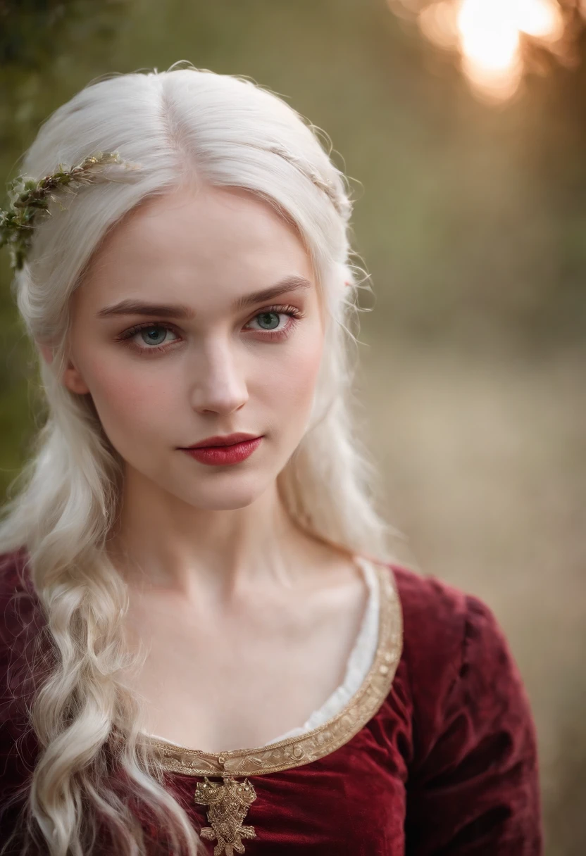 (((a deep reddish wound crosses her left cheek))) fair complexion, woman around 19 years old, natural white hair, distinctive green eyes, wearing kohl, slender and graceful, beautiful, candlelight in a medieval setting, ultra sharp focus, realistic shot, medieval female clothes, tetradic colors (scar:1.4)