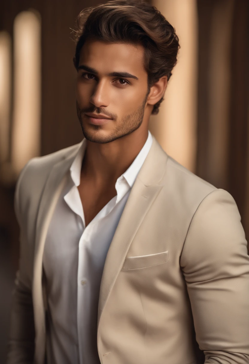(highres,masterpiece:1.2),(realistic,photorealistic,photo-realistic:1.37) portrait of a (handsome, strong) young brazilian man, (with a kind, gentle expression) (wearing a stylish suit:1.1). The young man has (expressive eyes:1.1) (with a gleam of wisdom), a (well-defined nose) and (full, well-shaped lips). No (beard) and his (skin is flawless, with a smooth complexion). The young brazilian man is (standing) with (confidence), (leaning slightly forward) as if he is about to say something important.

The background is a (subtle gradient, seamlessly blending colors) that enhances the portrait's focus on the young brazilian man. The lighting is (soft and diffused), casting a gentle glow on his face, highlighting his features in (subtle shadows). The colors are (rich and vibrant), with a range of (deep, warm tones) that complement his skin tone.