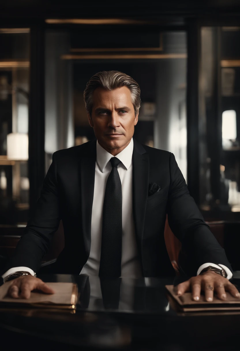 Imagine and describe a multimillionaire businessman in his forties with no facial hair, without mustache and beard, She is dressed in a carefully tailored black suit. It exudes an atmosphere of authority and success, With confidence, but mysterious behavior. Portray this character in a scene, which conveys his luxurious lifestyle and power, which he possesses in the business world. Use vivid details and emotions, to paint a vivid picture of this intriguing figure.