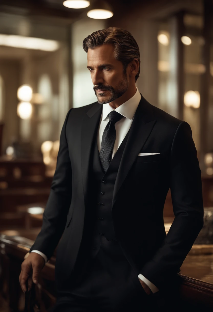 Imagine and describe a multimillionaire businessman in his forties with no facial hair, without mustache and beard, She is dressed in a carefully tailored black suit. It exudes an atmosphere of authority and success, With confidence, but mysterious behavior. Portray this character in a scene, which conveys his luxurious lifestyle and power, which he possesses in the business world. Use vivid details and emotions, to paint a vivid picture of this intriguing figure.