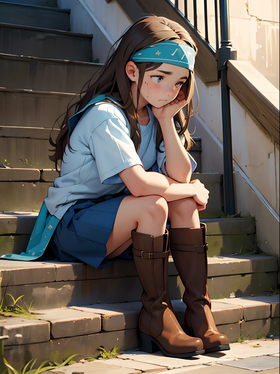 Girl with long Brown hair, sad eyes, freckles, shy expresion, blue Headband, blue wool coat, white t-shirt, blue skirt, Brownknee high boots, sitting on stairs, sad