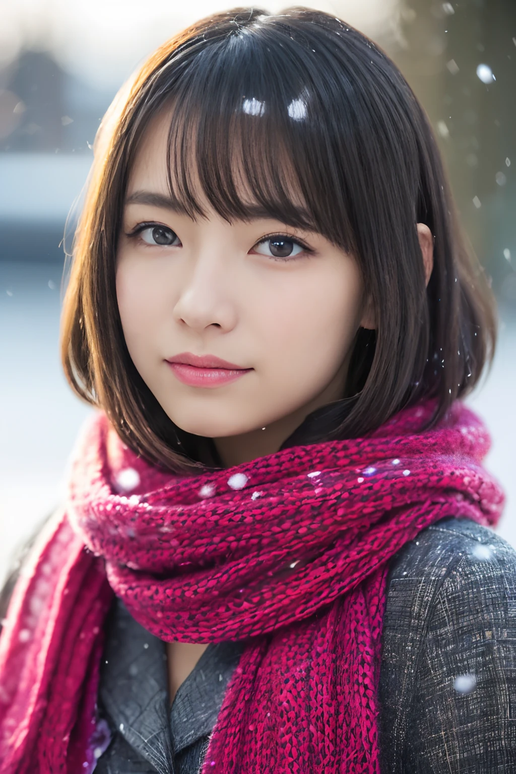 ((Show face only、Close-up of face、no-makeup))、(realisitic、Photorealsitic、ultra-detailliert、Highest Details Skins、top-quality、masterpiece、超A high resolution)、Cute Japan Woman、17 age、hi-school girl、younggirl、1 girl in、I have bangs、二重まぶた、drooing eyes、Large black eyes、Japanese style face、ssmile、Charming、purity、Straight face、double tooth、View here、Realistic skin type、Thick muffler、Grey muffler、fluffy hair、((Hair is inside the scarf:1.3))、Red cheeks、The wind is blowing、It's snowing、illuminations、Lighting from behind