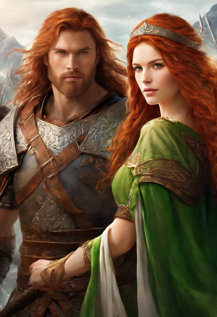 (best quality, HDR, 4k, highres, masterpiece:1.2), ultra-detailed, (realistic, photorealistic, photo-realistic:1.37), portraits, vibrant colors, studio lighting, sharp focus, physically-based rendering, extreme detail description, professional, red-haired woman, blue-eyed man, shield maiden, Viking warrior, green dress, tall man

[
    (couple, man, and, woman),
    woman, 
    long red hair, 
    voluptuous, 
    shield maiden, 
    brown eyes, 
    green dress, 
    man, 
    tall, 
    brown hair, 
    blue eyes, 
    Viking warrior
]

This is a picture about a red-haired woman and a blue-eyed man。The image shows a man wearing a green dress、A female warrior with long red hair，She has a beautiful figure and charm。Her eyes are brown，Dressed as a shield warrior woman。Opposite her was a tall man，He has brown hair and blue eyes，Dressed as a Viking warrior。This image is presented in extremely high quality，Adopt HDR technology，Fine textures and realistic details are revealed。The portrait style highlights the heroic images of female and male warriors，Bright colors and professional lighting bring the whole picture to life and vitality。At the same time, it is important to note that:，The atmosphere of this painting should tend to be realistic style，to show off delicate skin tones and realistic clothing details。