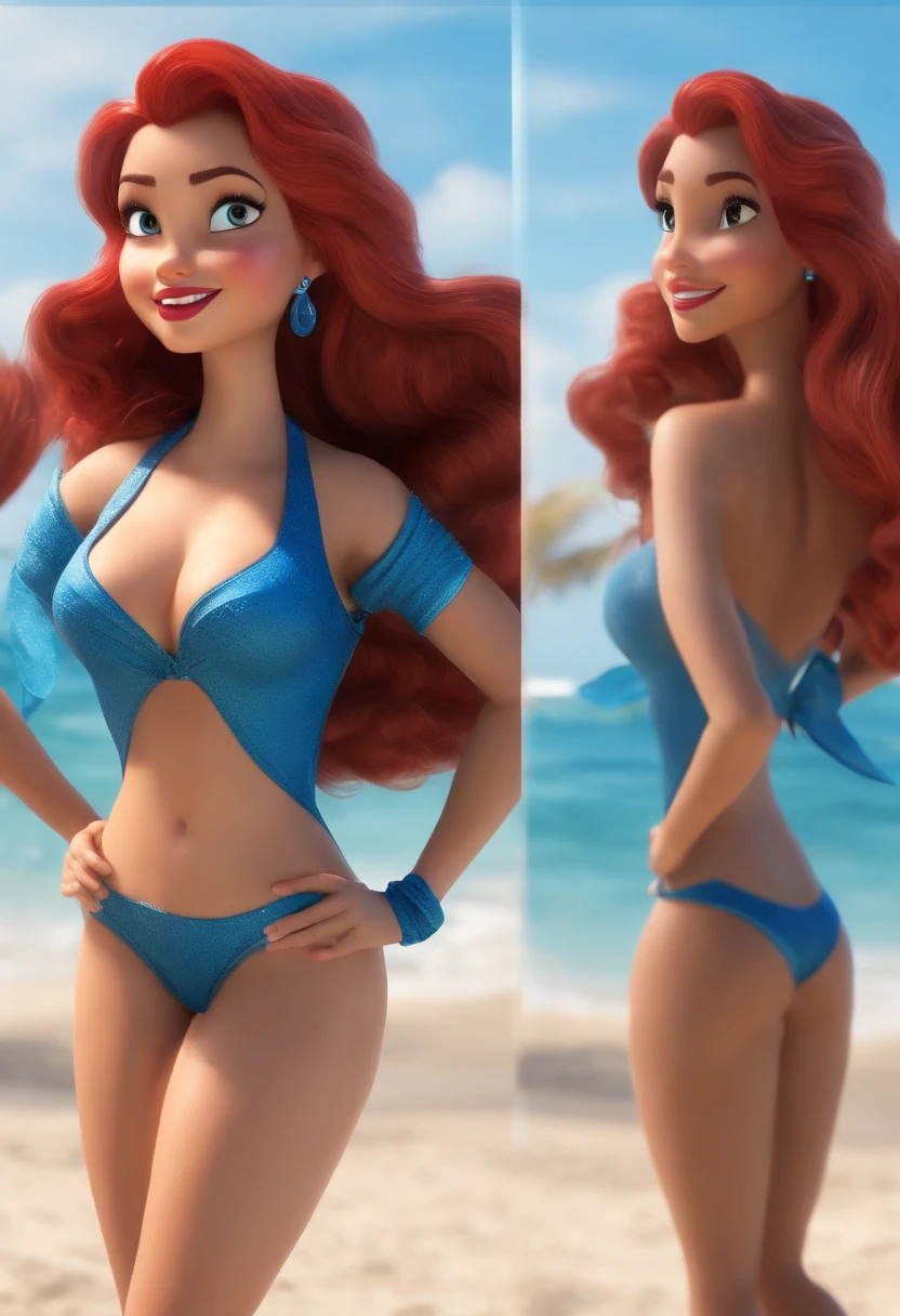 Mujer arafed en bikini posando en una playa con un bikini azul, character is in her natural pose, Ariel La Sirenita, in style of disney animation, is wearing a swimsuit, Arnold Maya render, como personaje de Pixar, animated movie still, Princesa Ariel, Al estilo de Disney Pixar, swimsuit, Bikini realista, Al estilo de Ross Tran, bikini,pechos grandes, (pechos enormes:1.2)