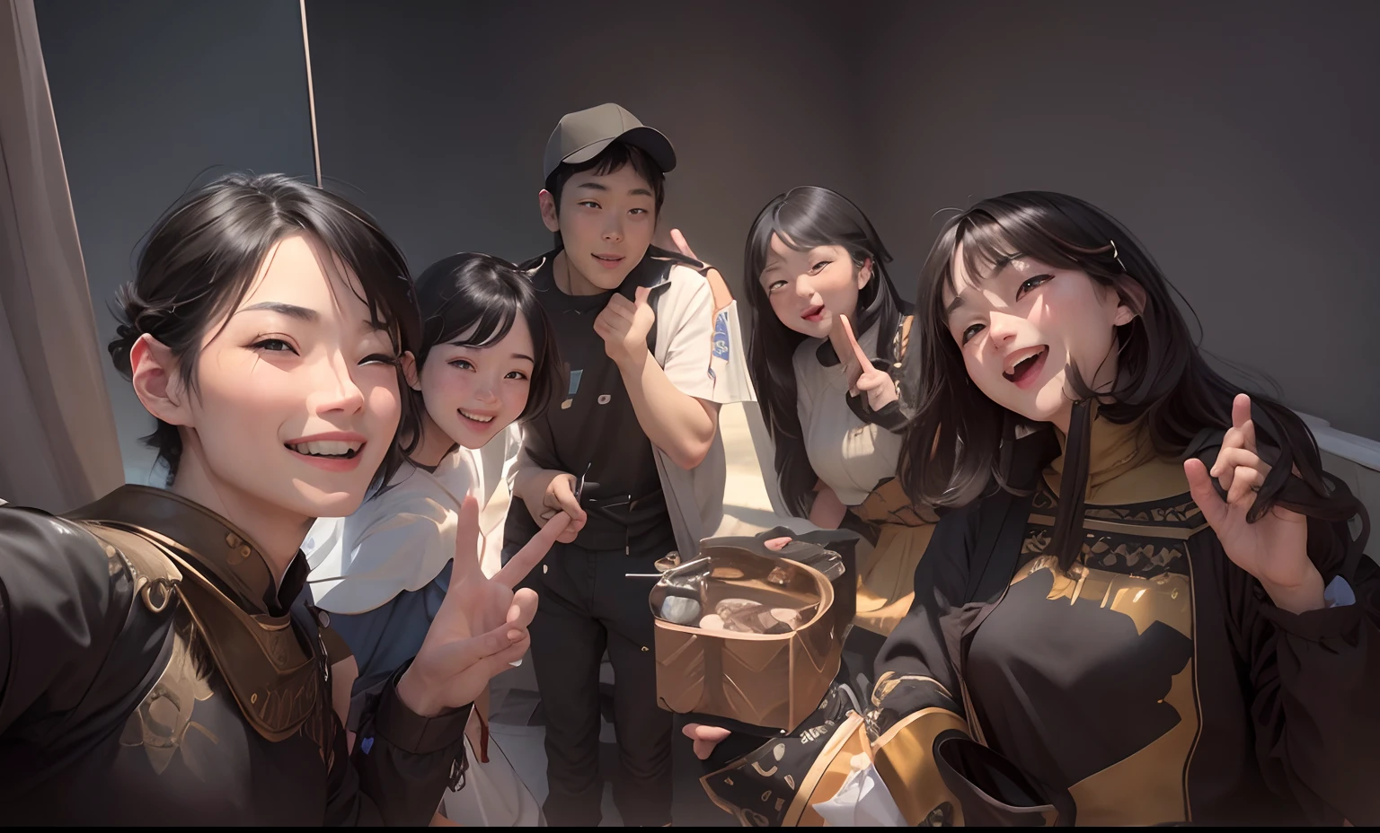 1 male human、4 females、Happy face、Black hair、brown haired