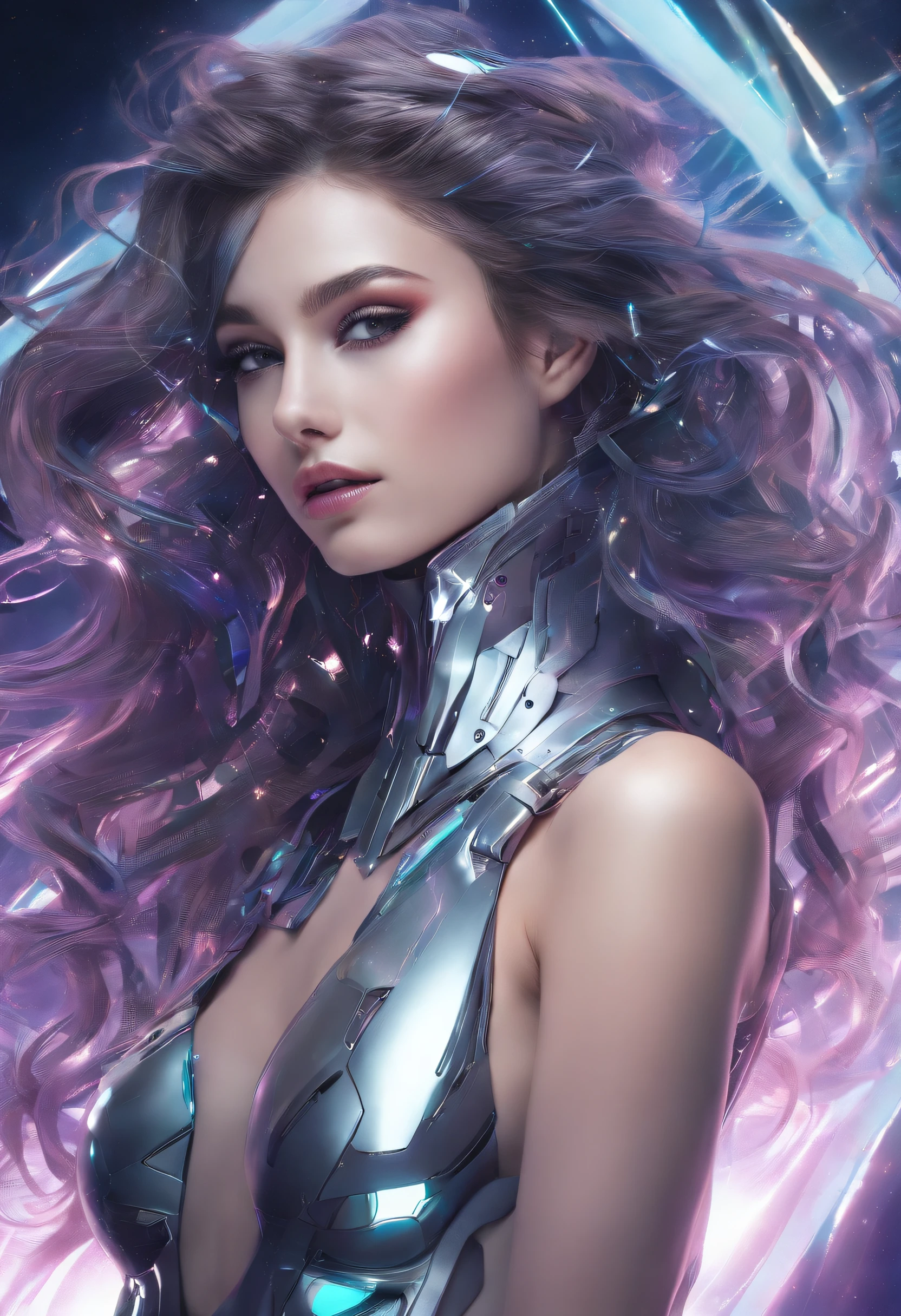 RAW photo of young Greek woman, color photograph, half length picture, close up portrait, ((a realistic photo of a beautiful young 18yo girl)), shadows, ((silver wing eyeliner)), (dark lipstick), ((pale iridescent skin)), dark eyes, leaning towards viewer, looking at viewer, sensual, erotic pose, smirk, shy, expressive hair, (dark hair), perfect facial features, perfect realistic skin, high quality, very detailed face, night, small breasts, futuristic model, fashion editorial style