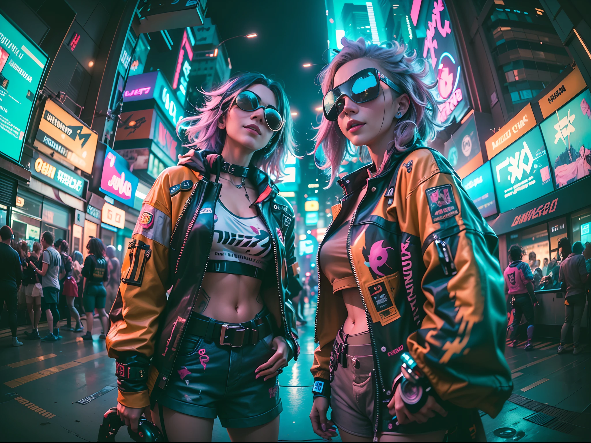 ((2 cyberpunk girls wearing colorful Harajuku style pop outfit)), ((((fisheye lens)))), cowboy shot, wind, messy hair, ((cyberpunk 2077 cityscape)), (cyberpunk aesthetics and atmosphere:1.3), bright colors, smiling, ((cinematic lighting))