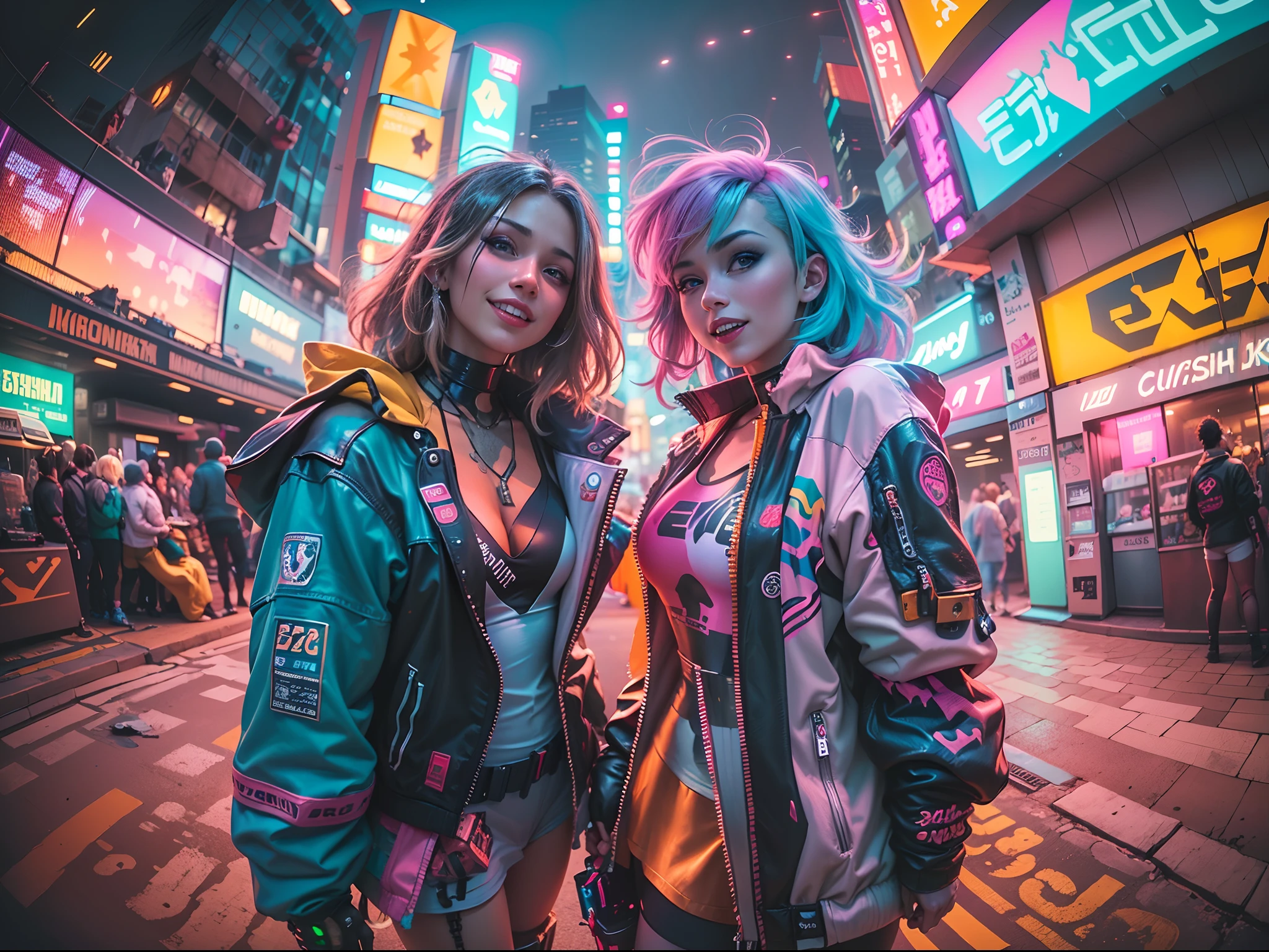 ((2 cyberpunk girls wearing colorful Harajuku style pop outfit)), ((((fisheye lens)))), cowboy shot, wind, messy hair, ((cyberpunk 2077 cityscape)), (cyberpunk aesthetics and atmosphere:1.3), bright colors, smiling, ((cinematic lighting))