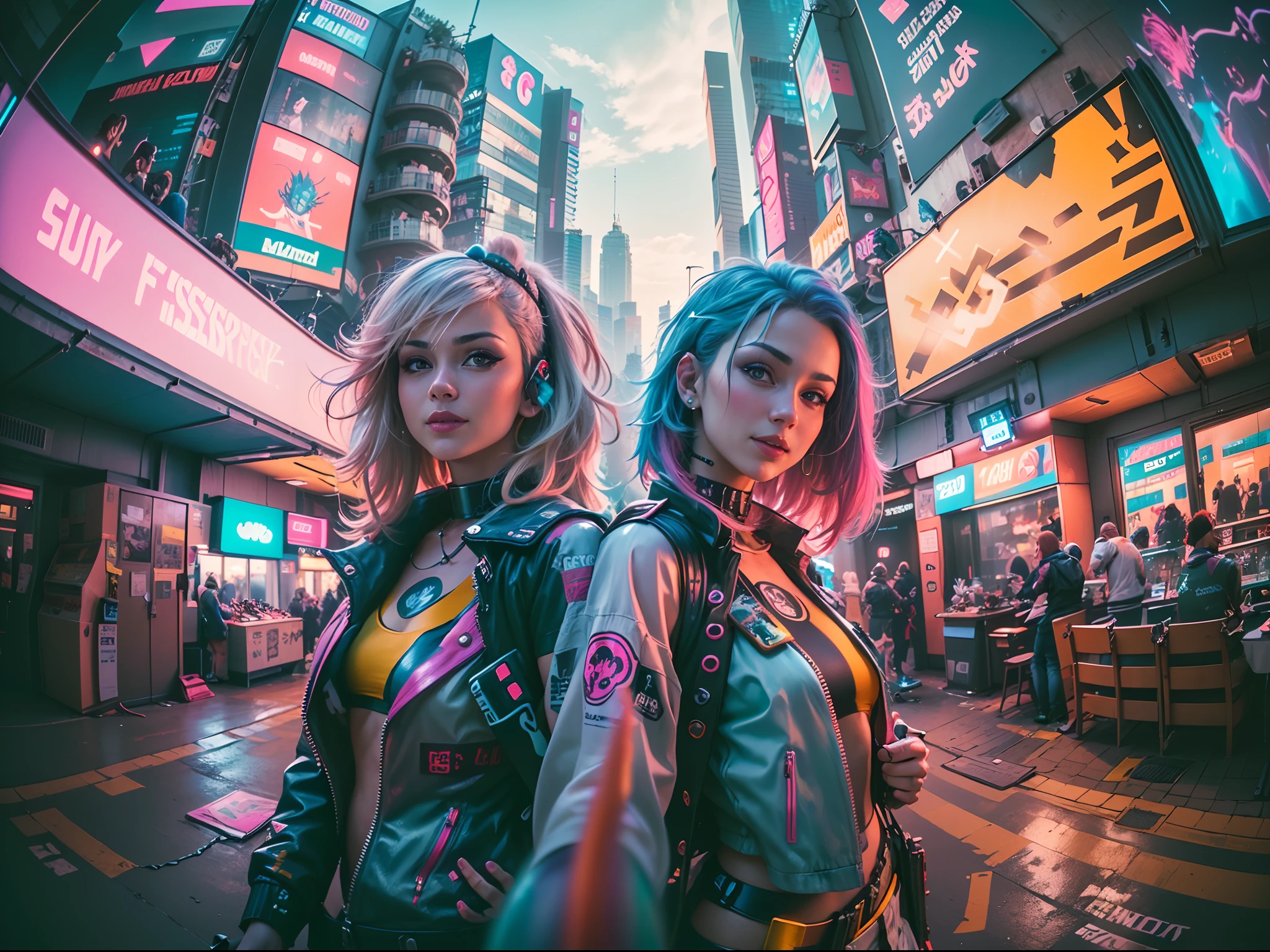 ((2 cyberpunk girls wearing colorful Harajuku style pop outfit)), ((((fisheye lens)))), cowboy shot, wind, messy hair, ((cyberpunk 2077 cityscape)), (cyberpunk aesthetics and atmosphere:1.3), bright colors, smiling, ((cinematic lighting))