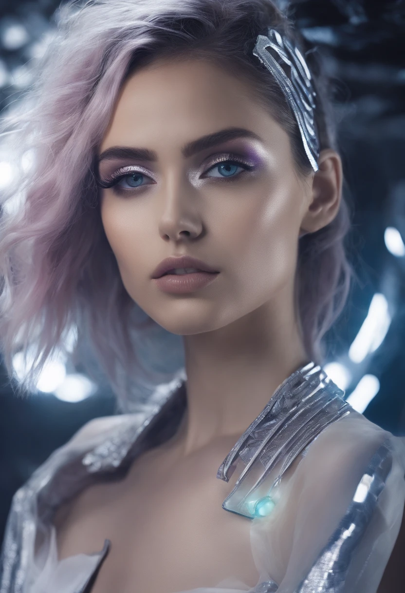 RAW photo of young Greek woman, color photograph, half length picture, close up portrait, ((a realistic photo of a beautiful young 18yo girl)), shadows, ((silver wing eyeliner)), (dark lipstick), ((pale iridescent skin)), dark eyes, leaning towards viewer, looking at viewer, sensual, erotic pose, smirk, shy, expressive hair, (dark hair), perfect facial features, perfect realistic skin, high quality, very detailed face, night, small breasts, futuristic model, fashion editorial style