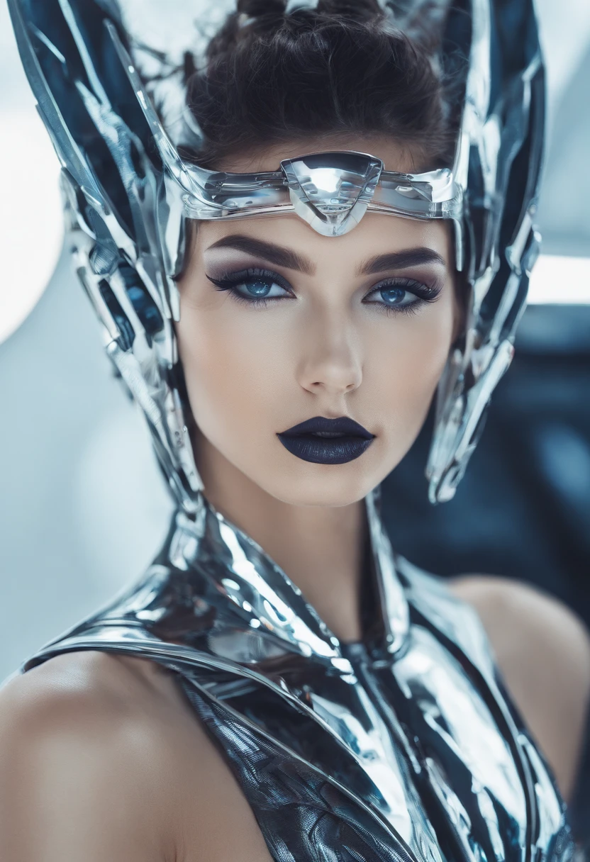 RAW photo of young Greek woman, color photograph, half length picture, close up portrait, ((a realistic photo of a beautiful young 18yo girl)), shadows, ((silver wing eyeliner)), (dark lipstick), ((pale iridescent skin)), dark eyes, leaning towards viewer, looking at viewer, sensual, erotic pose, smirk, shy, expressive hair, (dark hair), perfect facial features, perfect realistic skin, high quality, very detailed face, night, small breasts, futuristic model, fashion editorial style