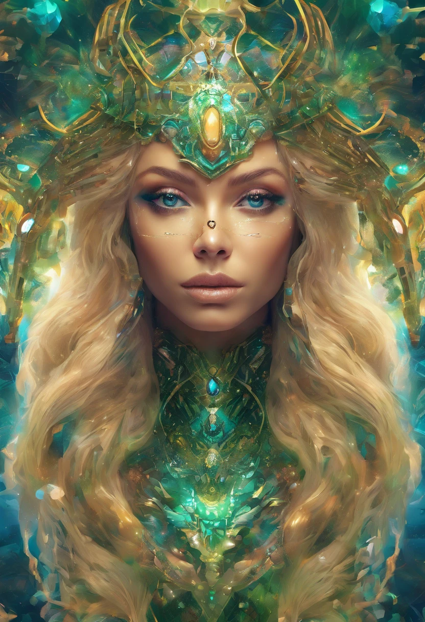 (RAW Photo, best quality), (Hyper Realistic),16k,(realistic, photo-realistic:1.5), Masterpiece,ultra high res, Stunning, Beautiful Milf Latin Brazilian Woman Goddess of Multiverse, Impossing Pose, Athletic Body, Suntan Skin, Wearing Egyptian Jewels Futuristic Cut Armor and Cloak with Intricate Isometric Fluid Galaxy Bioluminescence Effects, symmetrical, with Galaxies orbiting her body, perfect detailed face, detailed symmetric circular Green iris pupils, ((Gorgeous Long Blonde Fluid Hair)), high detailed Skin, Realistic, intricately detailed, cinematic, Isometric, awesome full color, gritty, mucha, klimt, 16k, hight definition, cinematic, neoprene, behance contest winner, portrait featured on unsplash, smooth, ultra high definition, ultra sharp focus, intricate artwork masterpiece, ominous, epic, TanvirTamim, trending on artstation, highly detailed, vibrant