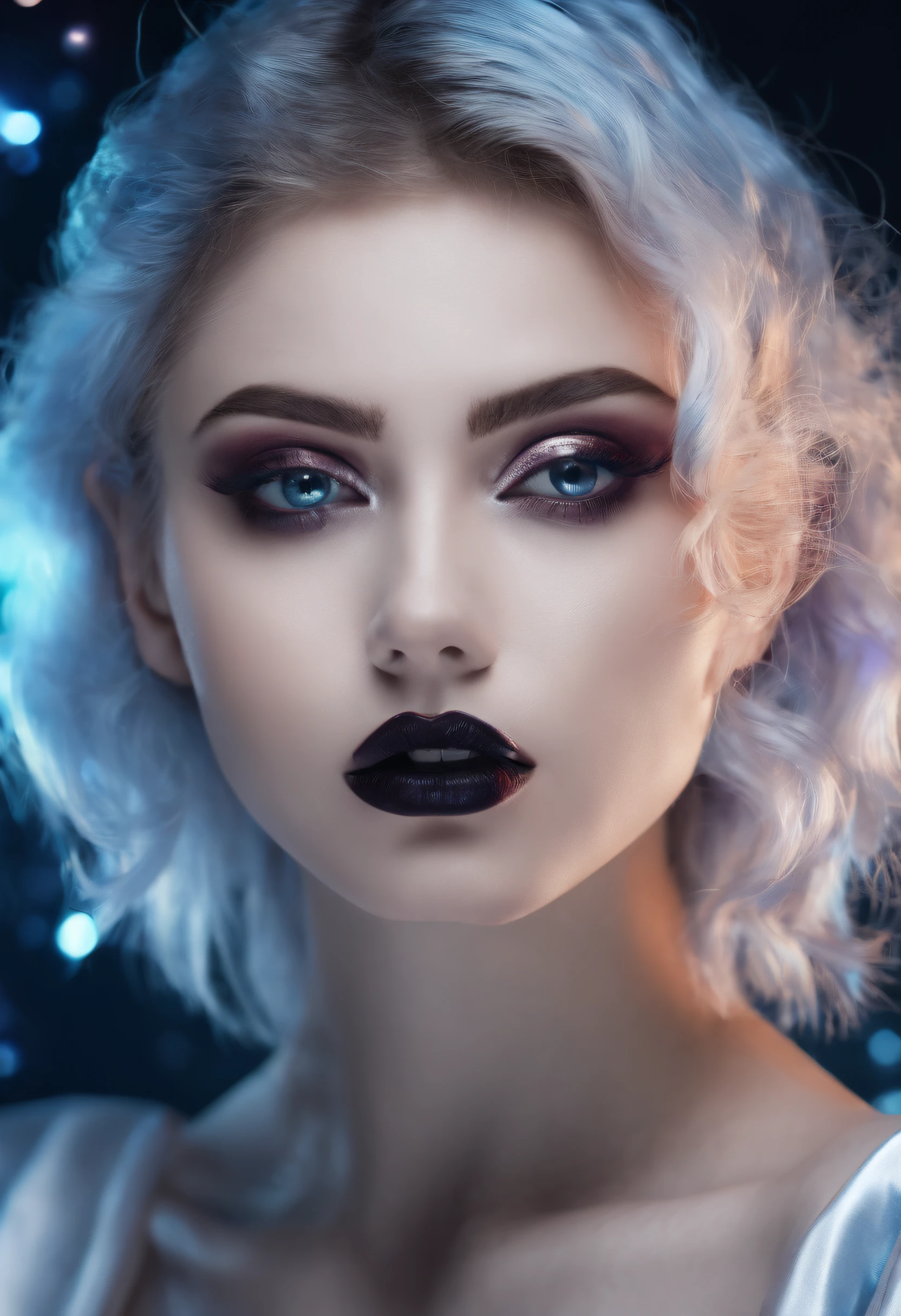 RAW photo of young Greek woman, color photograph, half length picture, close up portrait, ((a realistic photo of a beautiful young 18yo girl)), shadows, ((silver wing eyeliner)), (dark lipstick), ((pale iridescent skin)), dark eyes, leaning towards viewer, looking at viewer, sensual, erotic pose, smirk, shy, expressive hair, (dark hair), perfect facial features, perfect realistic skin, high quality, very detailed face, night, small breasts, futuristic model, fashion editorial style