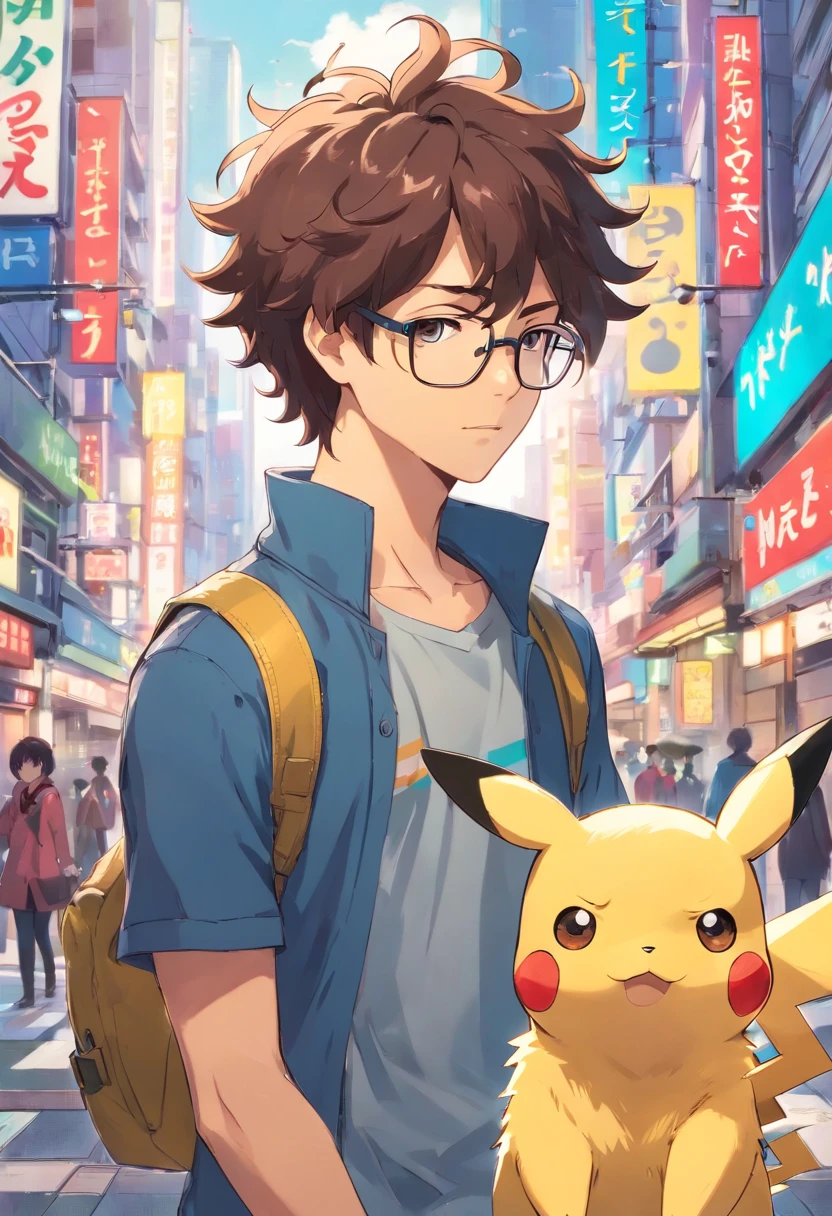 Homem moreno, of glasses and beard, with pikachu on his shoulder in the middle of Tokyo
