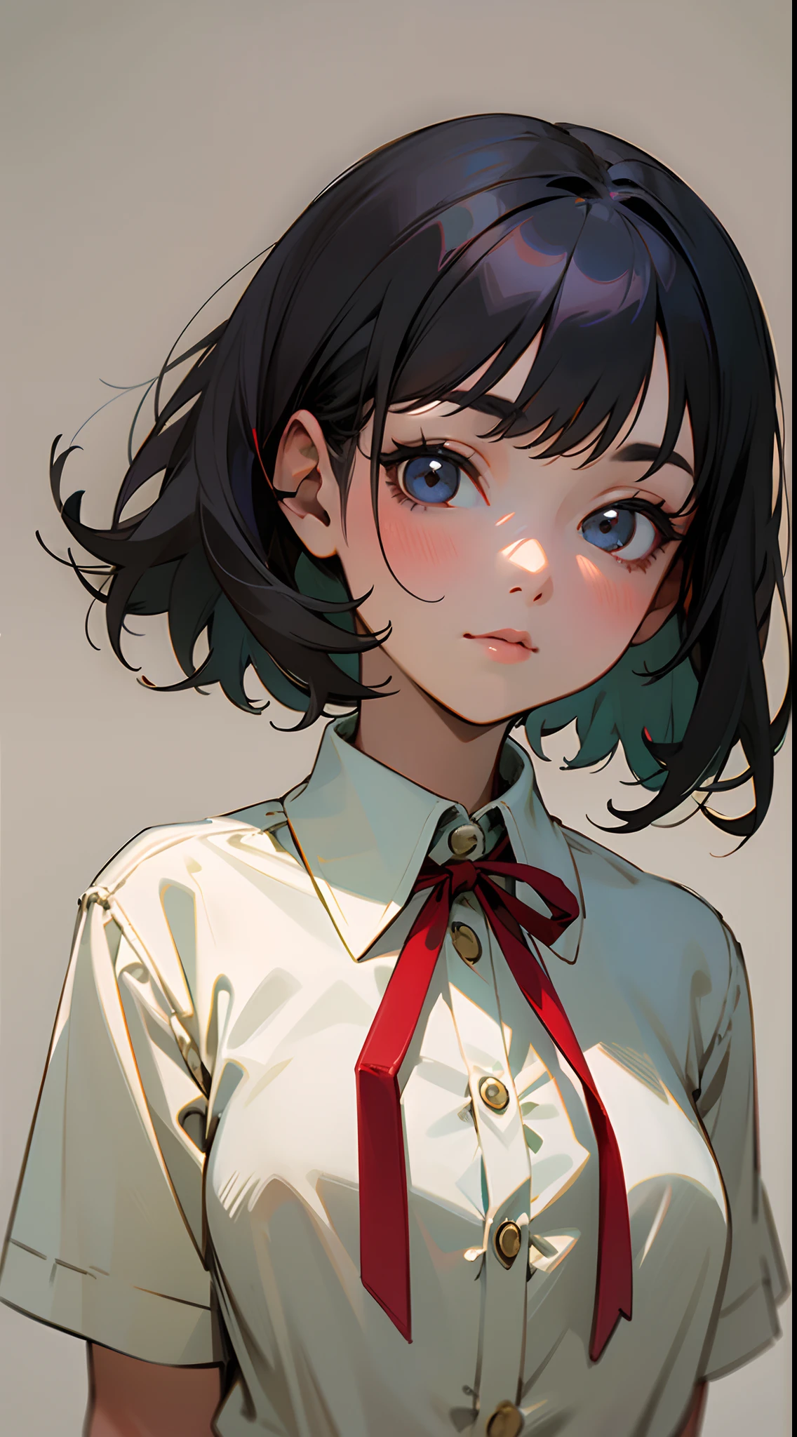 Cute black short-haired girl, white shirt, red ribbon, Simple background, exquisite details, looking a viewer, close up