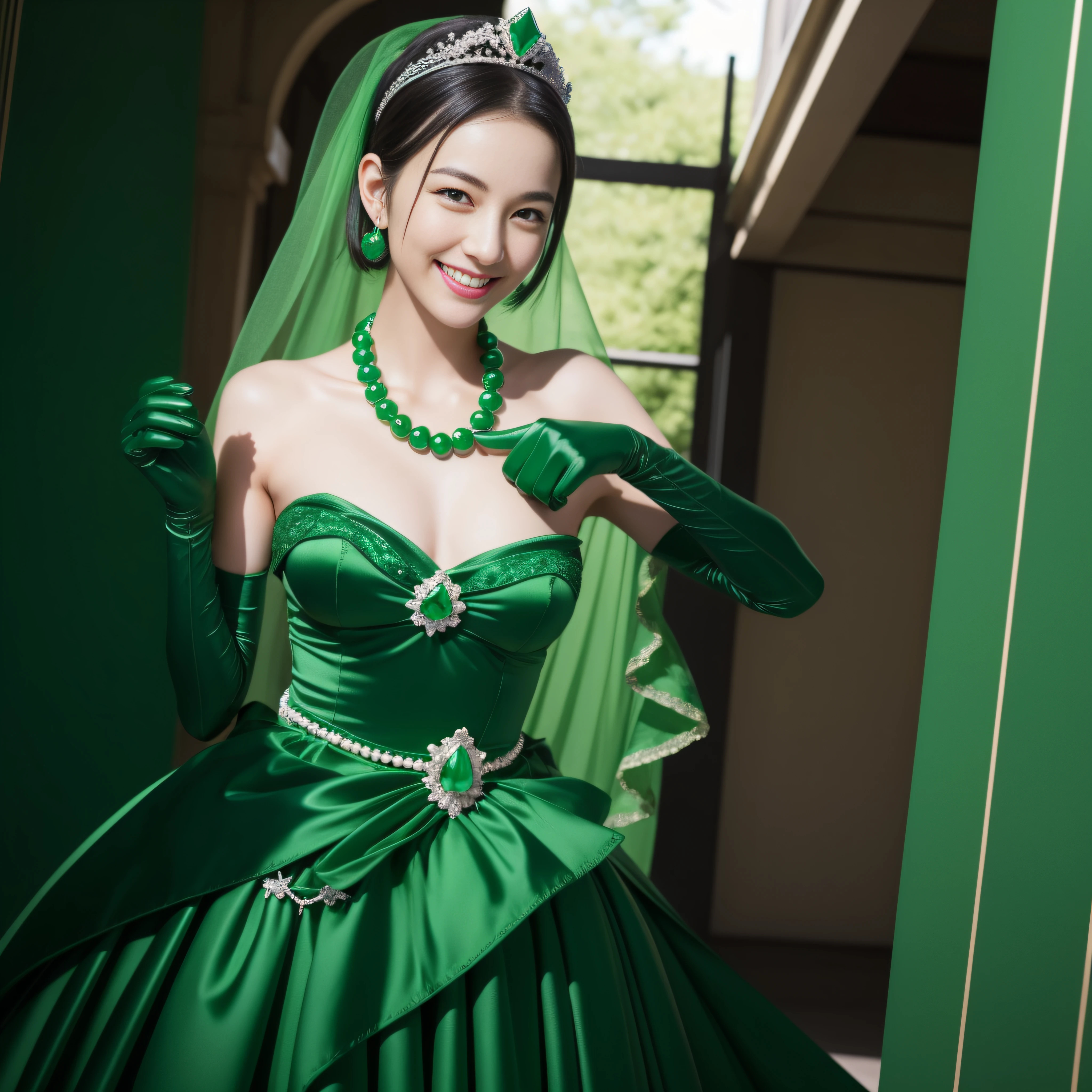 Emerald Tiara, green pearl necklace, boyish very short green hair, Green Lips, Smiling Japanese woman, very short hair, Beautiful woman with big breasts, green eyes, Green satin gloves, green eyes, emerald earrings, green veil, Heart with both hands, green hair, beautiful japanese woman, Heart shaped hands:1.3, green lip gloss