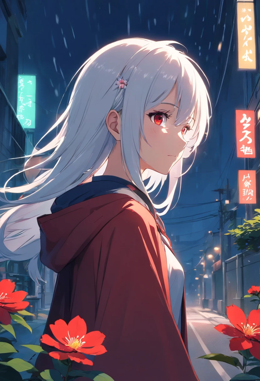 1girl,solo,1girl,solo,((beautiful detailed eyes)), (detailed light),depth of field,(white hair),silver eyes,hair over one eye,(red flower ), hair flower,long hair,black cloak,wet,emotionless,looking back,night,starfall,raining,fog,red flowers falling,sketch,upper body,intense shadows,
