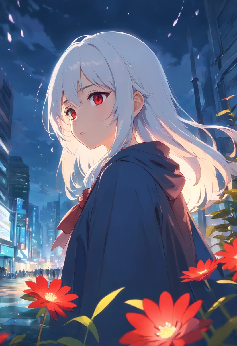 1girl,solo,1girl,solo,((beautiful detailed eyes)), (detailed light),depth of field,(white hair),silver eyes,hair over one eye,(red flower ), hair flower,long hair,black cloak,wet,emotionless,looking back,night,starfall,raining,fog,red flowers falling,sketch,upper body,intense shadows,