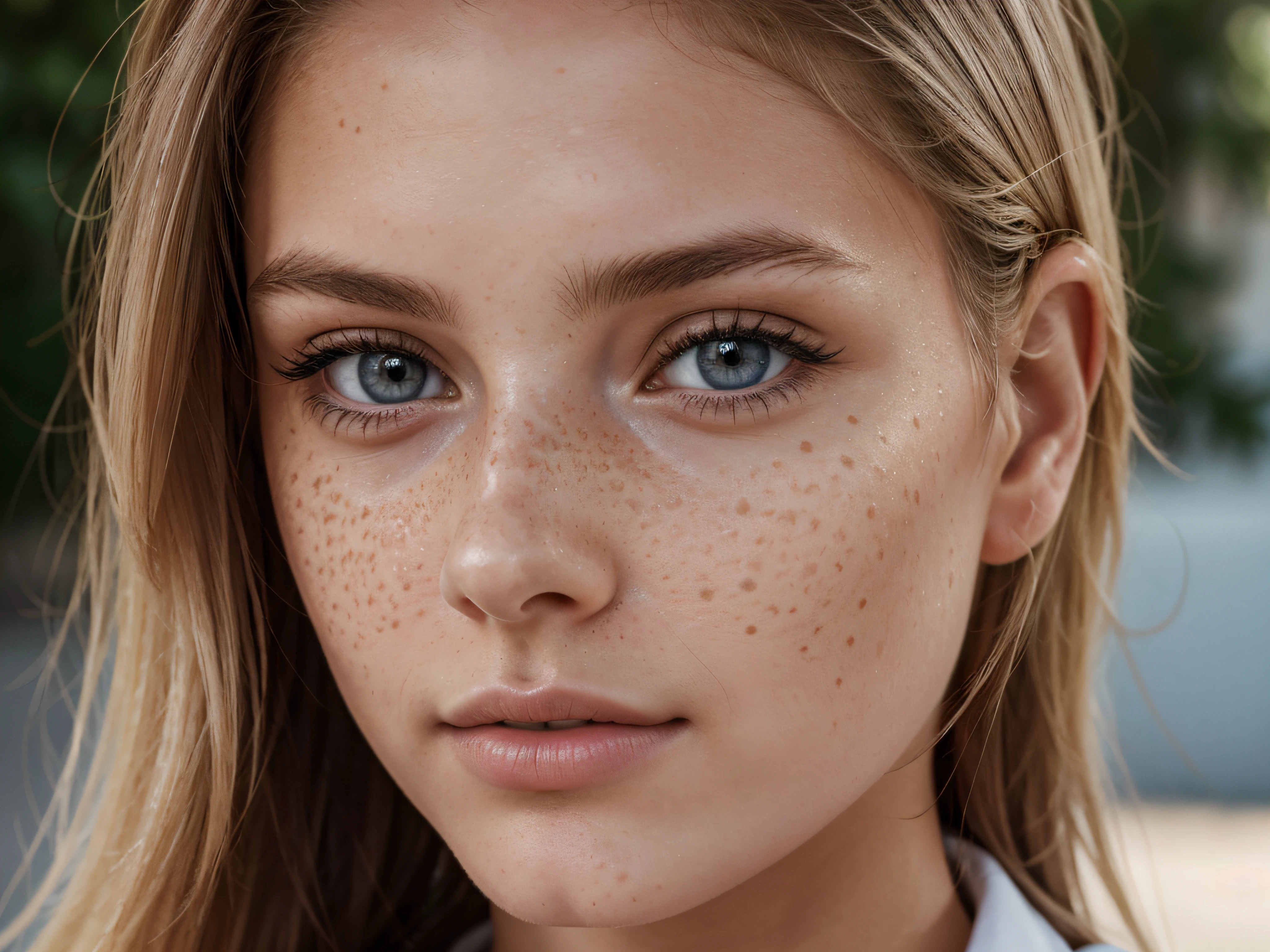 ultra face close up, face up,1Girl 18 years old, nur, Lange Haare, Blick auf den Betrachter, blonde hair, blaue Augen, Schmuck, Halskette, schulterfrei, pullover, lips, realistisch, Nase, Flirten mit der Kamera, close up shot, realism, detailed eyes, skin imperfection, fine small freckles, natural, without reflection and shadow on the face, without glare, ultra high face texture, colours, realism, 8K, natural, big lips, full lips, hyper detailed photo, photorealistic