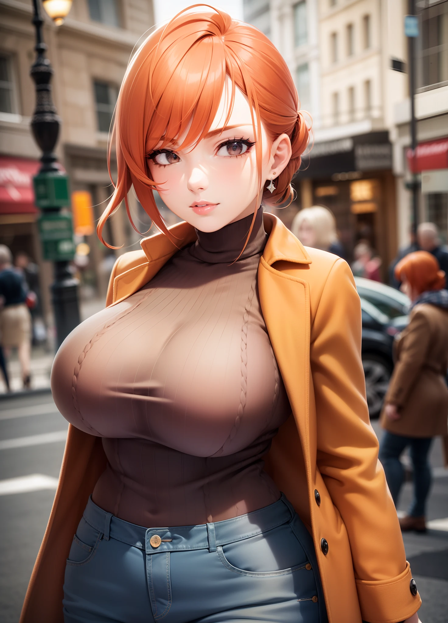 1girl, mature woman, cowboy shot, waist, hips, thighs, arisugawa natusha, orange hair (turtleneck sweater:1.2), (heavy coat:1.3), cloudy, overcast, raining, outdoors, city street, detailed face, beautiful face, detailed eyes, beautiful eyes, (lipstick, eyeliner, eye shadow), (best quality, masterpiece, extreme details:1.2), detailed eyes, detailed face,