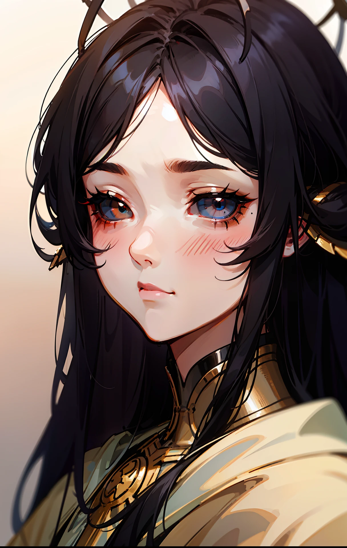 Original Character,8k, Masterpiece, Best Quality,Detailed, Beautiful Detailed Eyes, solo,fine skin,blush,black eyes,black sclera,black hair,long hair,(hair 2antennas),focus on face,close-up on face,looking to view,