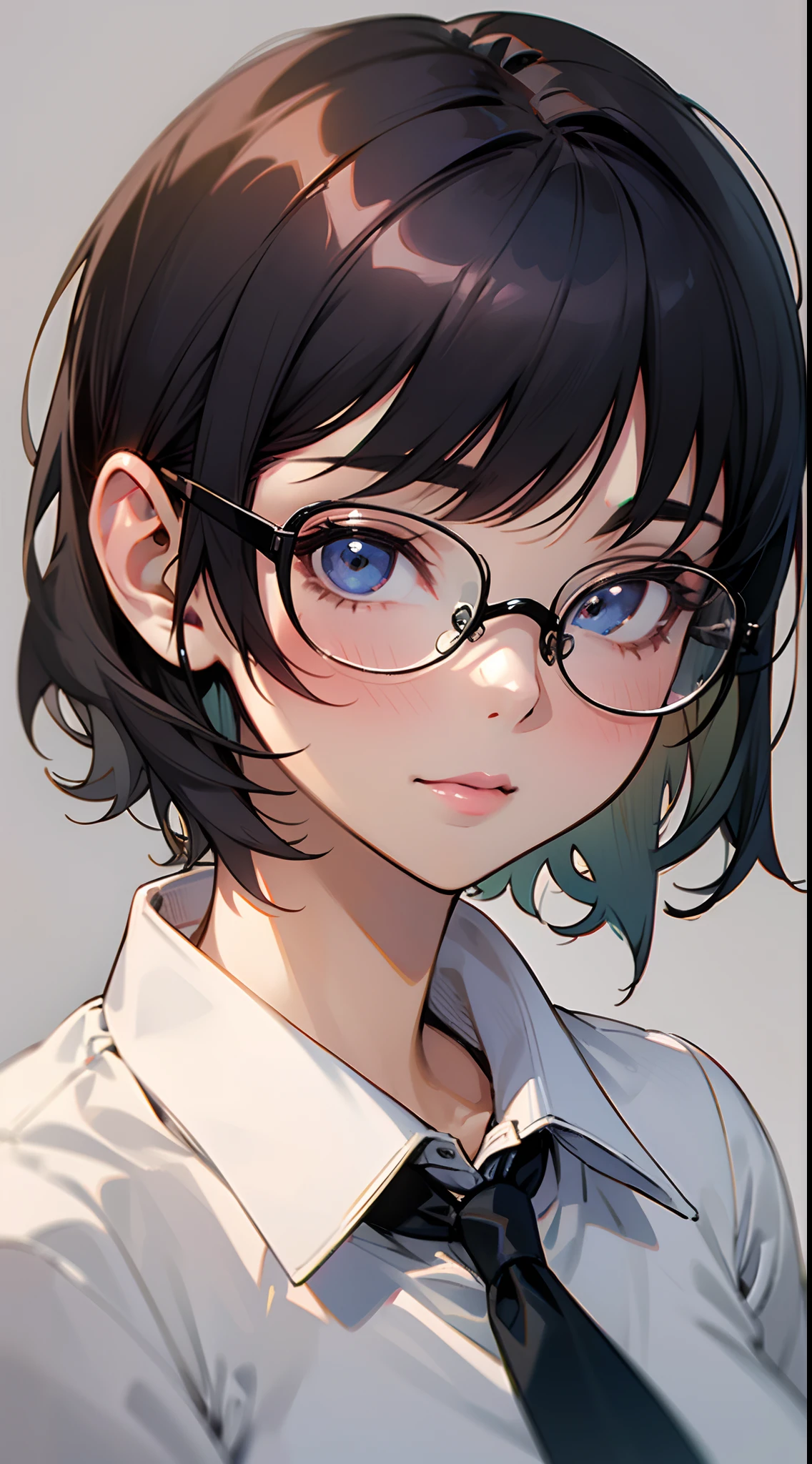 Cute black short-haired girl, white  shirt, glasses, Simple background, exquisite details, looking a viewer, close up