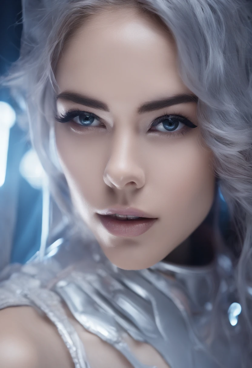 RAW photo of young English woman, color photograph, half length picture, close up portrait, ((a realistic photo of a beautiful young 18yo girl)), shadows, ((silver wing eyeliner)), (silver grey lipstick), ((pale iridescent skin)), dark eyes, leaning towards viewer, looking at viewer, sensual, erotic pose, smirk, shy, expressive hair, (dark hair), perfect facial features, perfect realistic skin, high quality, very detailed face, night, small breasts, futuristic model,