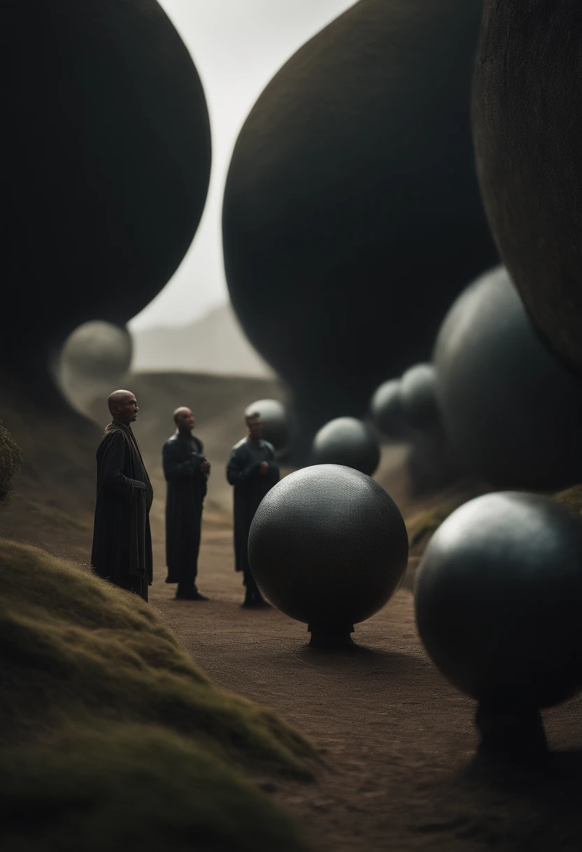 Create a mesmerizing image of extraterrestrial beings, standing among the many mysterious stone spheres. These aliens should be depicted in this way, to convey their otherworldly nature, and stone spheres should surround them, a hint of their significance or purpose. The scene should bathe in the creepy, Atmospheric light enhances the sense of wonder and curiosity.