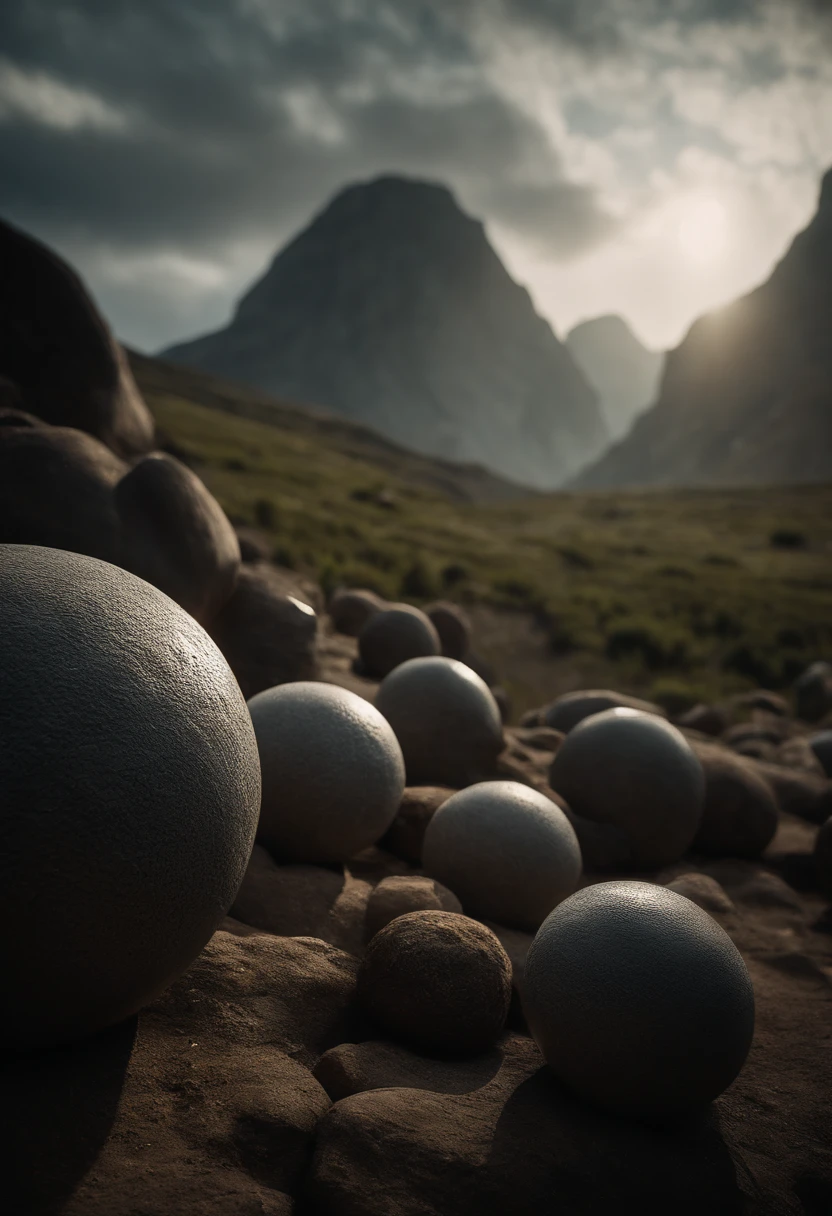 Create a mesmerizing image of extraterrestrial beings, standing among the many mysterious stone spheres. These aliens should be depicted in this way, to convey their otherworldly nature, and stone spheres should surround them, a hint of their significance or purpose. The scene should bathe in the creepy, Atmospheric light enhances the sense of wonder and curiosity.