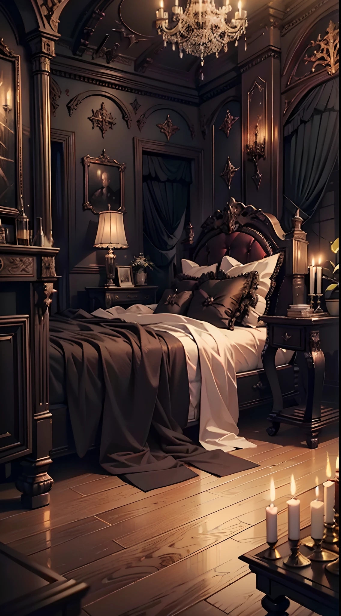 Photography, Bedroom, Gothic living room, Gothic, Dim light, Gargoyles, Dark curtains, waxy candles, Satan painting, decorations, wooden floor, dawn,