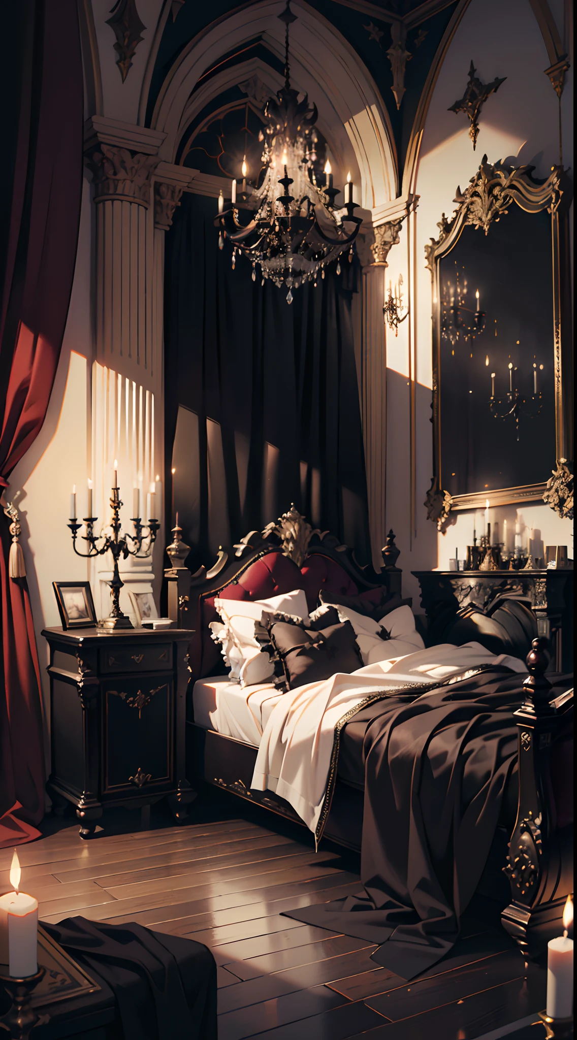 Photography, Bedroom, Gothic living room, Gothic, Dim light, Gargoyles, Dark curtains, waxy candles, Satan painting, decorations, wooden floor, dawn,