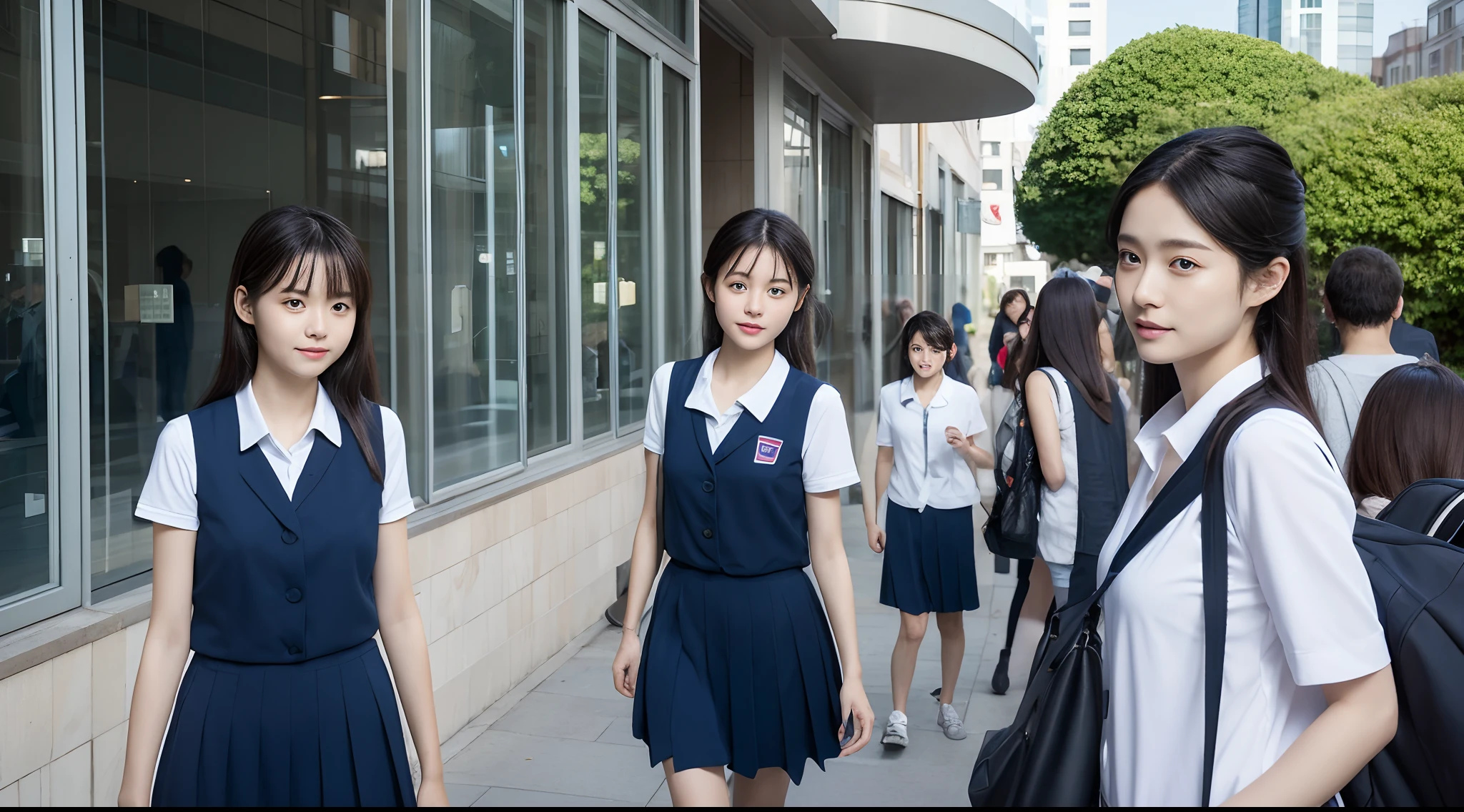 （17-year-old girl wearing summer uniform1.3），Wait for the bus at the station，There are vague passers-by behind it，Ultra-realistic real people，A hopeful smile，Extreme picture quality，Extreme light and shadow，Aurora chase，Extreme ambient light，bright sun，Close your eyes and enjoy the sun，Sunlight shines on the face，8K，Premium ambient light，Extremely complex and intricate clothing textures，Exquisite facial features，Extremely complex and super delicate and clear eyeballs，（Perfect body 1.1）（Flat chest 1.1）（Perfect body proportions1.1）