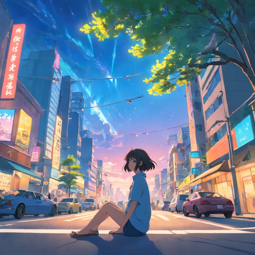 octans、天空、optic、landscapes、、morning、独奏、plein air、Signature、建筑、云、milkyway、sitting on、The tree、length hair、street、silhuette、A city scape