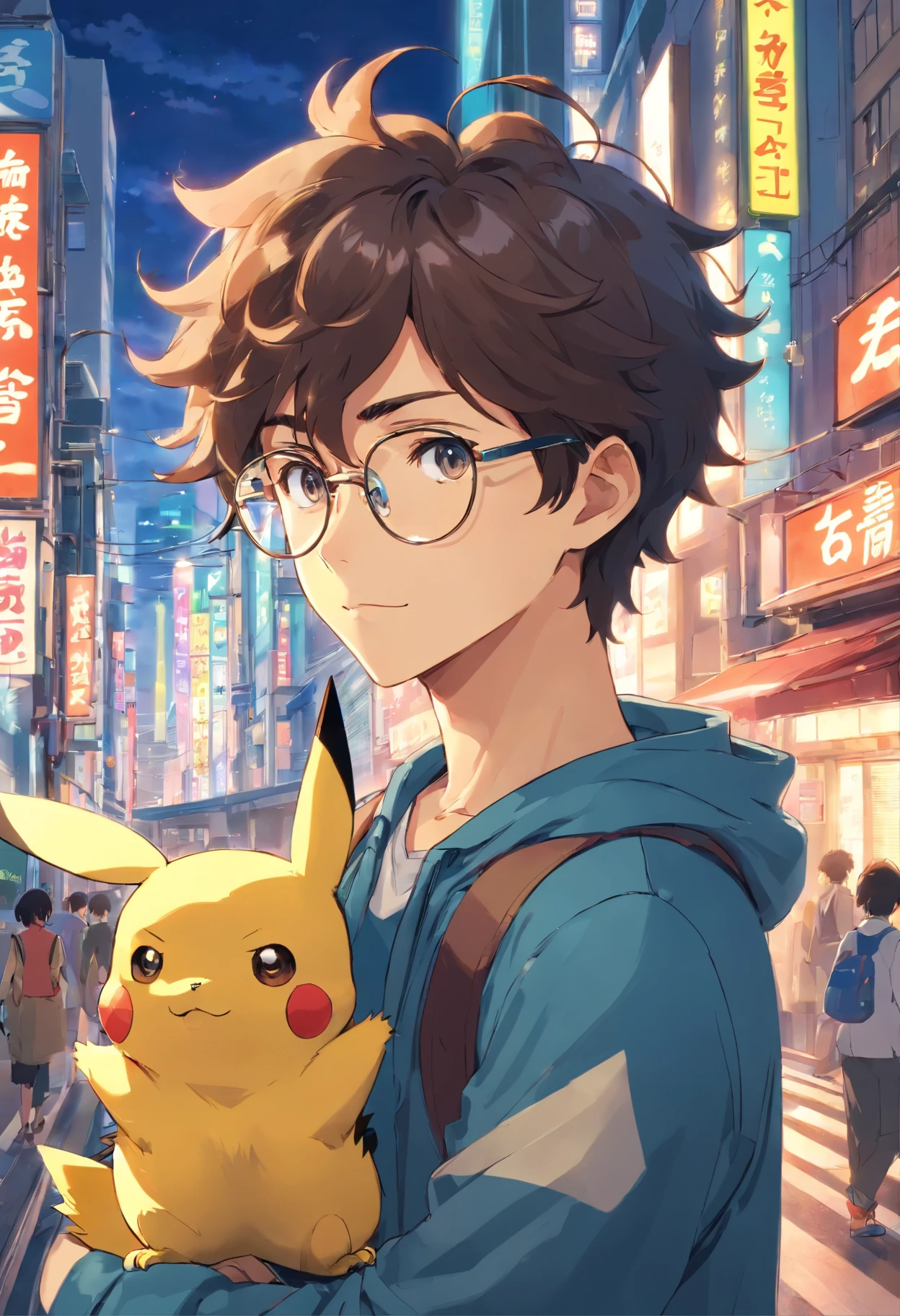 Homem de cor morena, of glasses and curly hair, with pikachu on his shoulder in the middle of Tokyo