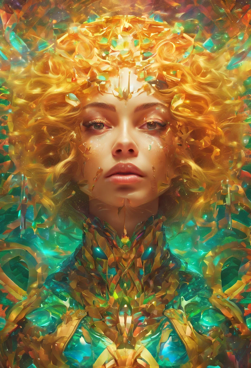(RAW Photo, best quality), (Hyper Realistic),16k,(realistic, photo-realistic:1.5), Masterpiece,ultra high res, Stunning, Beautiful Milf Latin Brazilian Woman Goddess of Multiverse, Impossing Pose, Athletic Body, Suntan Skin, Wearing Egyptian Jewels Futuristic Cut Armor and Cloak with Intricate Isometric Fluid Galaxy Bioluminescence Effects, symmetrical, with Galaxies orbiting her body, perfect detailed face, detailed symmetric circular Green iris pupils, ((Gorgeous Long Blonde Fluid Hair)), high detailed Skin, Realistic, intricately detailed, cinematic, Isometric, awesome full color, gritty, mucha, klimt, 16k, hight definition, cinematic, neoprene, behance contest winner, portrait featured on unsplash, smooth, ultra high definition, ultra sharp focus, intricate artwork masterpiece, ominous, epic, TanvirTamim, trending on artstation, highly detailed, vibrant