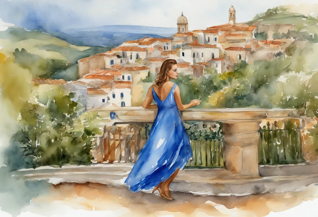 Haughty woman and showing dignity and self-love, The woman is wearing a beautiful blue dress. paisagem urbana, The landscape is ultra detailed, tudo bem detalhado e lindo, ultra qualidade. Realismo 8K