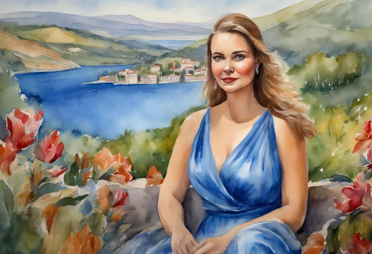 Haughty woman and showing dignity and self-love, The woman is wearing a beautiful blue dress. paisagem urbana, The landscape is ultra detailed, tudo bem detalhado e lindo, ultra qualidade. Realismo 8K