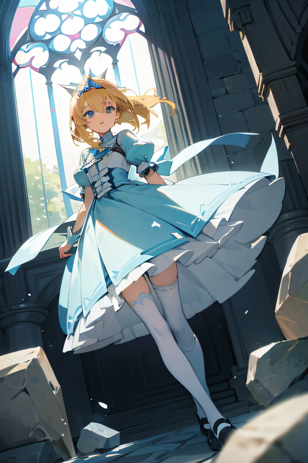 princess girl with light blue eyes and blonde hair. wearing white high kneestocking and black shoes with stone background with windows facing the camera in medeval times