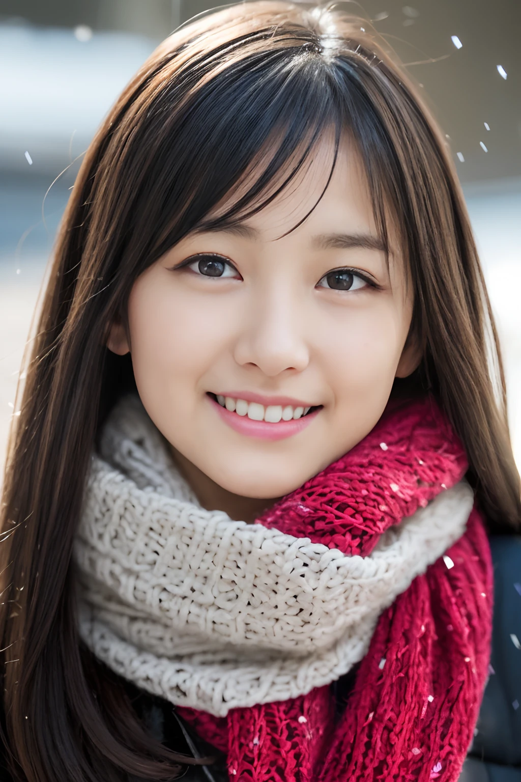 ((Show face only、Close-up of face、no-makeup))、(realisitic、Photorealsitic、ultra-detailliert、Highest Details Skins、top-quality、masterpiece、超A high resolution)、Cute Japan Woman、、hi-school girl、younggirl、1 girl in、I have bangs、二重まぶた、drooing eyes、Large black eyes、Japanese style face、ssmile、Charming、purity、Straight face、double tooth、View here、Realistic skin type、Thick muffler、Grey muffler、fluffy hair、((Hair is inside the scarf:1.3))、Red cheeks、The wind is blowing、It's snowing、illuminations、Lighting from behind