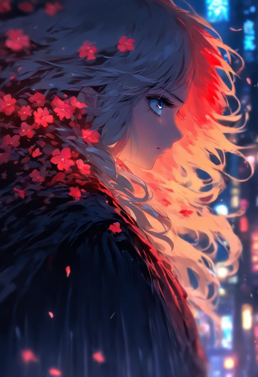 1girl,solo,1girl,solo,((beautiful detailed eyes)), (detailed light),depth of field,(white hair),silver eyes,hair over one eye,(red flower ), hair flower,long hair,black cloak,wet,emotionless,looking back,night,starfall,raining,fog,red flowers falling,sketch,upper body,intense shadows,